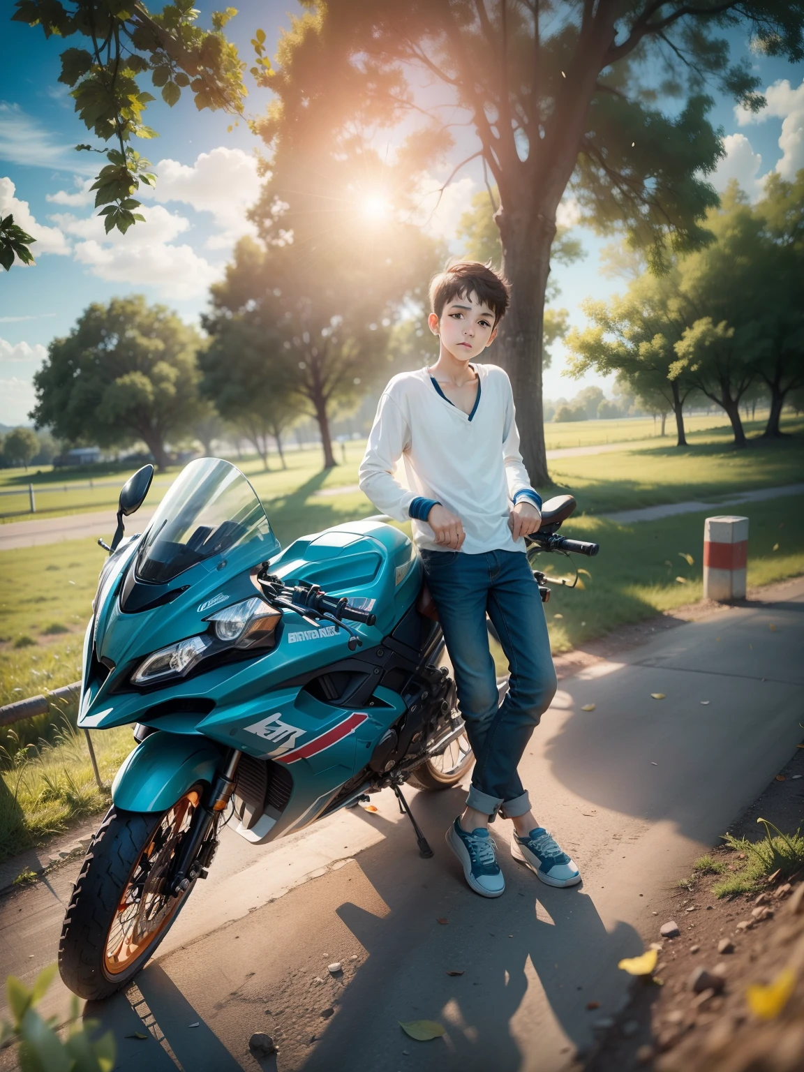 A boy sitting on a bike, the background natural, blur,