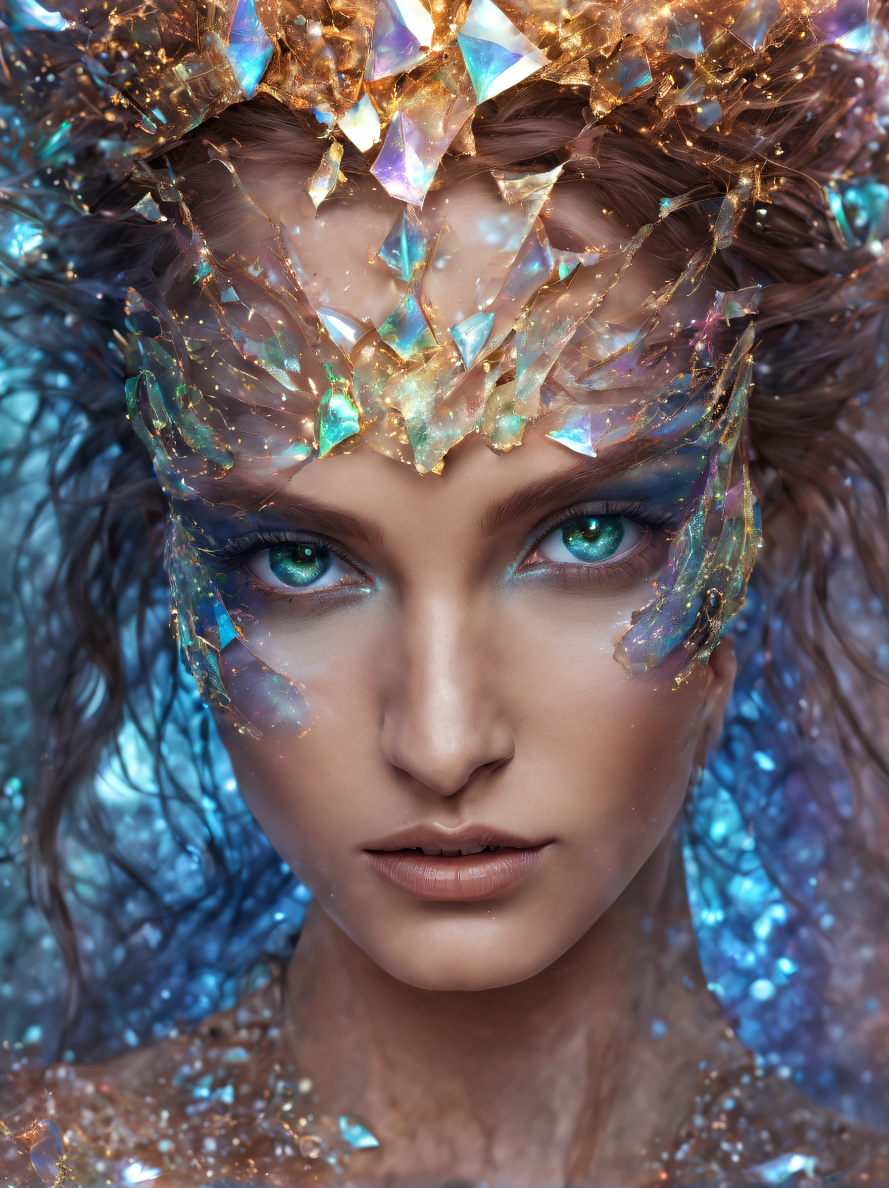 fantasy, portrait, highly detailed face, London Fashion Week inspired, Mysterious, Broken Glass effect, no background, stunning, mythical being, energy, molecular, textures, iridescent and luminescent scales, breathtaking beauty, pure perfection, divine presence, unforgettable, impressive, breathtaking beauty, Volumetric light, auras, rays, vivid colors reflects, UHD, 16k