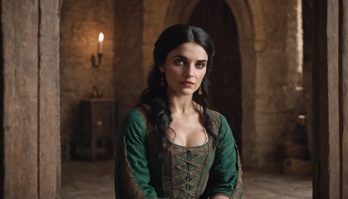 young medieval gypsy woman with black hair and green eyes kneels on the floor beside a wooden door with a slot in it, gothic, sense of unease, mysterious, gloomy castle tower, cinematic, cinematic scene from film, 8k, cinematic in the style of Dion Beebe