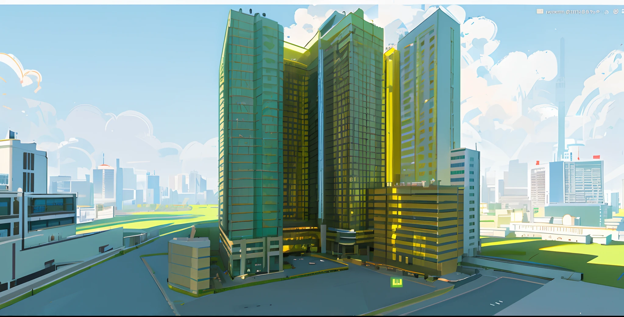 a drawing of a tall building with a lot of windows, concept image, rendering of checkmate, perspective view, sharp hq rendering, conceptual rendering, architectural rendering, detailed rendering, conceptual, architecture render, concept drawing, rendered, architectural concept diagram, radiosity rendering, architectural illustration, from street level, digital model, view from ground level, architectural concept,blue sk,yellow sunshine,joont graden,aluminum window and doors,hight quality image 8k,the terrace is planted with green trees,hight qualyti image,blue sky,white clouds,yellow sunshine,in front there is a park,green bamboo garden on the 5th floor