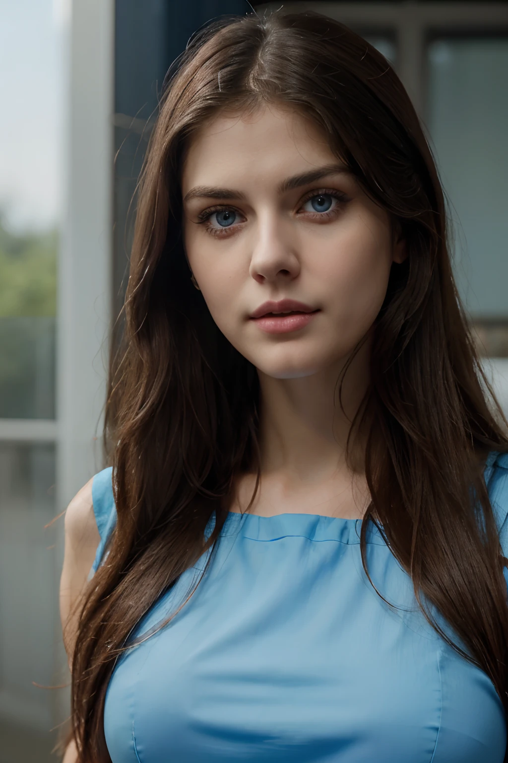 a close up of a woman with long hair wearing a blue dress, alexandra daddario, portrait of alexandra daddario, alexandra daddario face!!, blue-eyed, she has blue eyes, the face of absurdly beautiful, an absurdly beautiful, blue symmetric eyes 24yo, perfect blue eyes, deep blue eyes, clear blue eyes