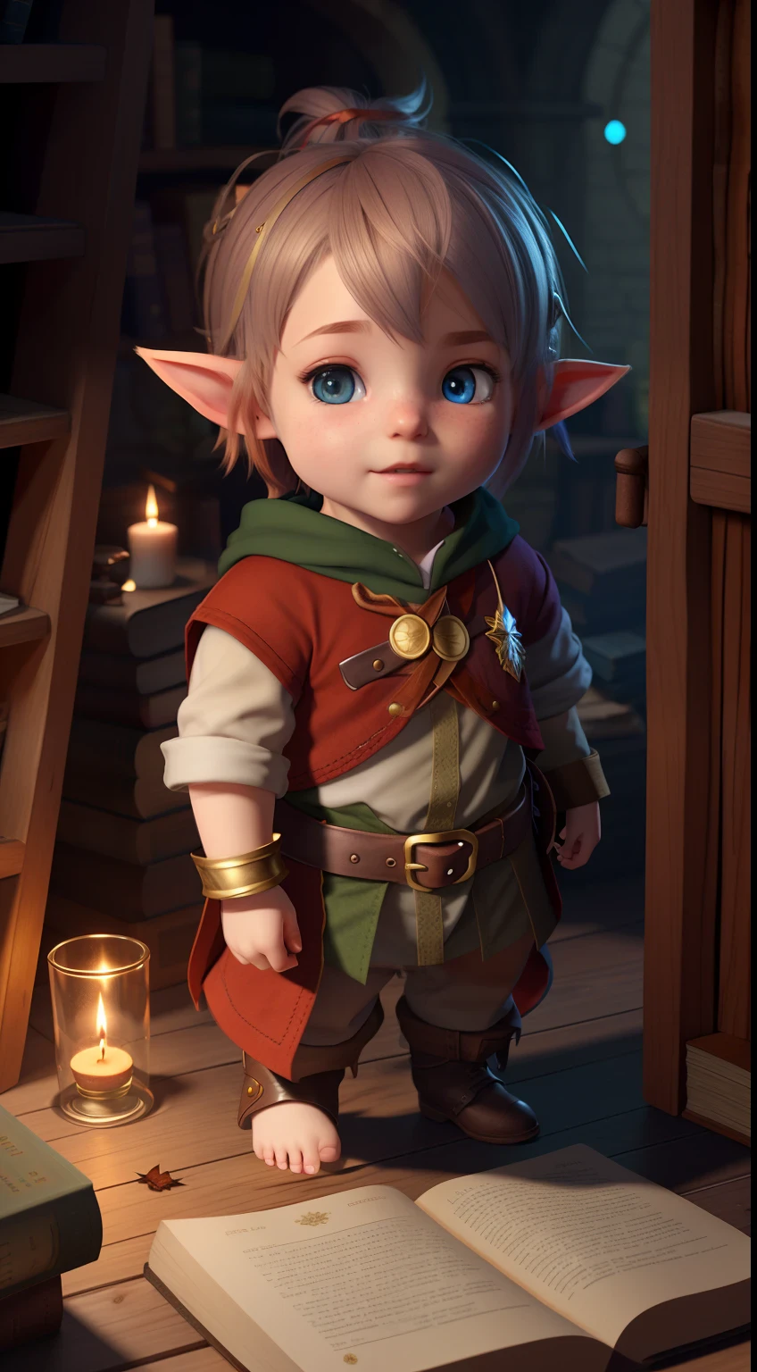 There is a little elf standing next to a book and a candle, Personagem pequeno. Unreal Engine 5, lovely digital painting, childrens art in artstation, cute 3 d render, portrait of a young elf wizard, highly detailed character, Cute detailed digital art, lalafell, hyper-detailed fantasy character, Portrait of a halfling head, young half elf wizard