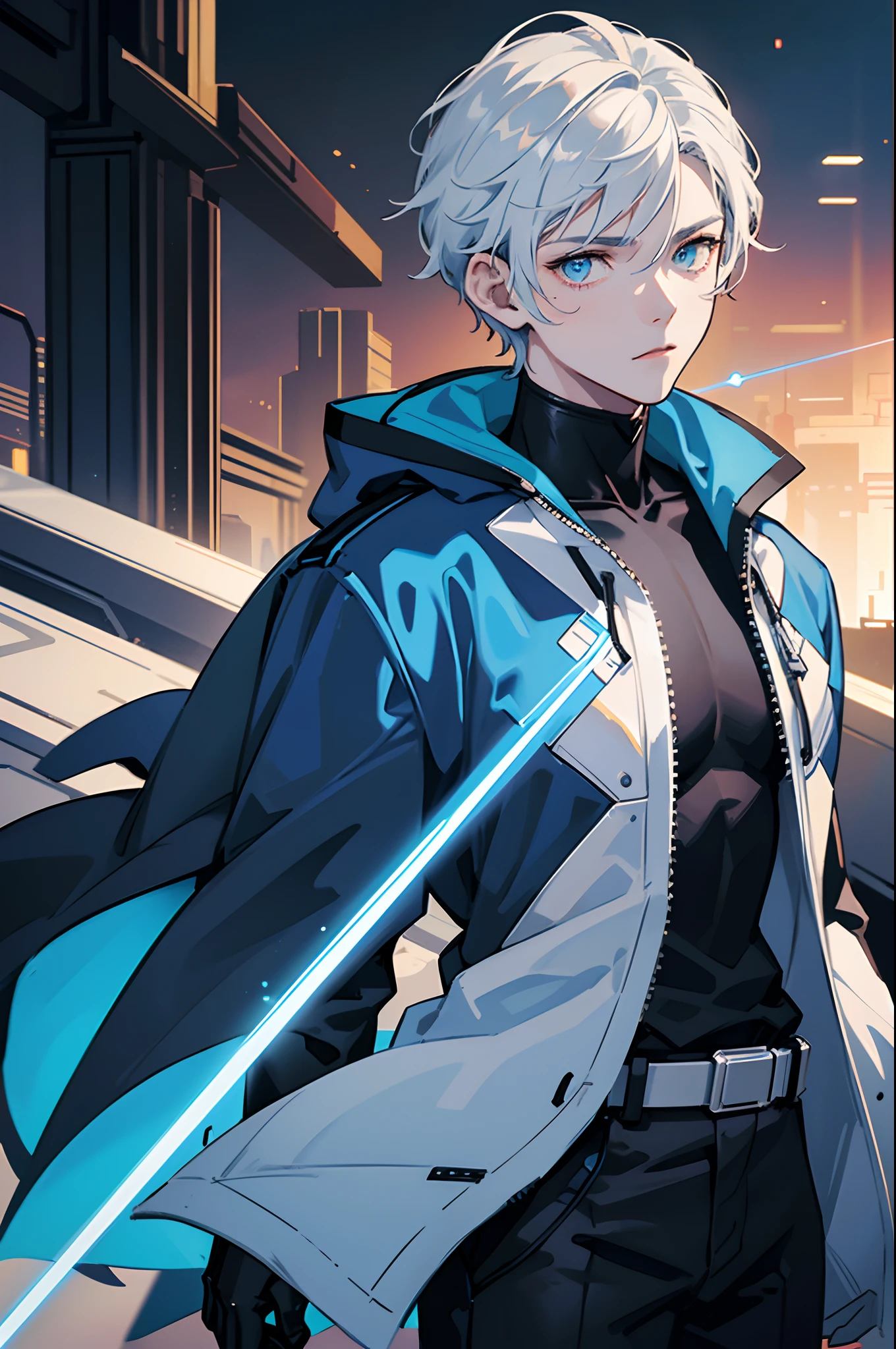 A -yeld te boy, a boy engineer and artificer, robot boy, pale skin tone, without a beard, without a goatee, no facial hair, no body hair, white hair color, straight hair, pointed ears, futuristic black and blue jacket, cyberpunk black and blue clothes, robotic mixed with organic, silver haired boy, futuristic powers, laser powers, body with blue and black lightning particles emitting around it, background lightning