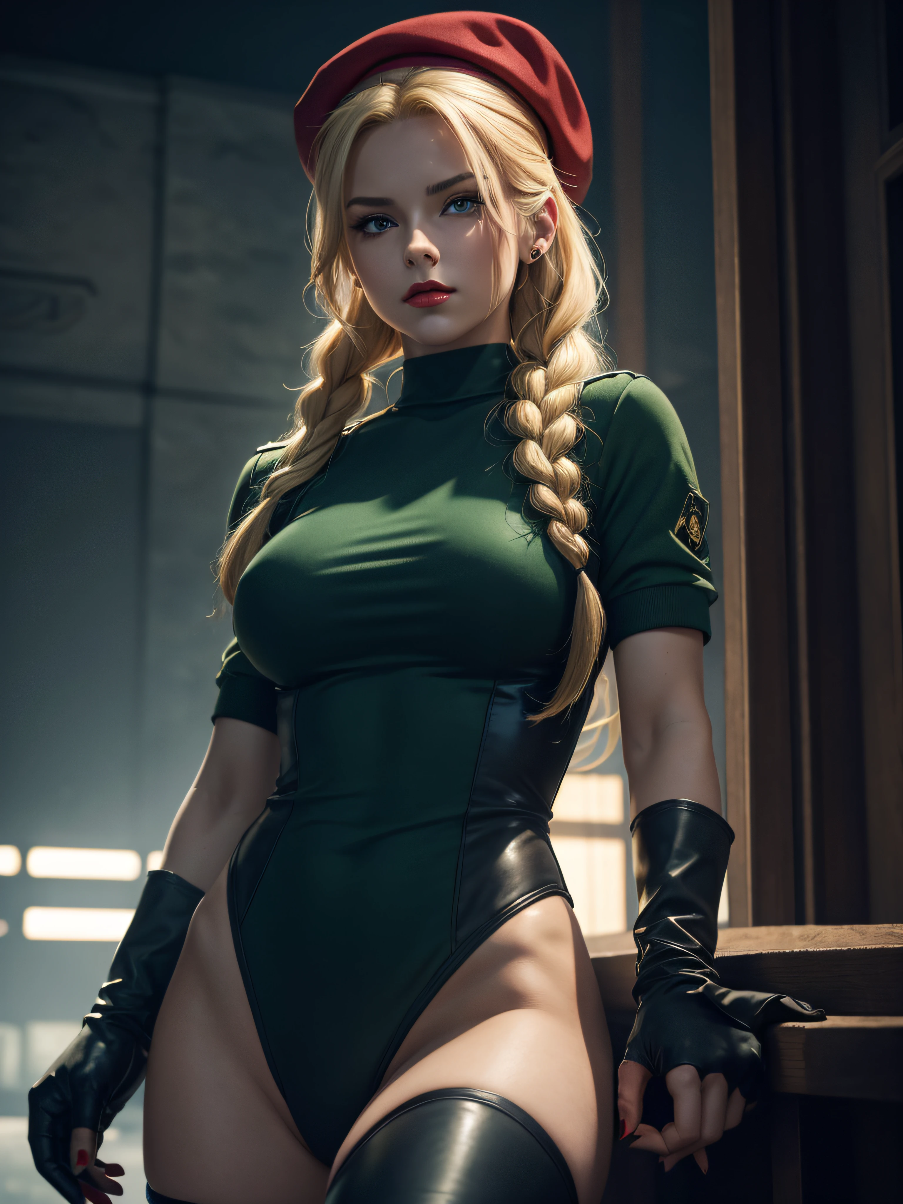 "(exquisitely detailed CG unity 8k wallpaper, masterpiece-quality with stunning realism), (best illumination, best shadow), (best quality), (elegant style:1.2), Arti modern anime. angled view, heroic pose, closeup full body portrait of stunningly beautiful cammy from street fighter, Masterpiece, best quality, highres, mature Cammy white, twin braids, long hair, blonde hair, antenna hair, (red beret headwear:1), blue eyes, scar on cheek, green military leotard, green military skirt, red gloves, fingerless gloves, camouflage, (fully clothed:1), abs, depth of field blur effect, night, full zoom, action portrait, photorealistic. cinematic lighting, highly detailed. best quality, 4k, (Better hand:1), (blonde hair:1) (red nail-polish:1), (red lips:1) (makeup:1) perfect anatomy, leaning forward, foreshortening effects, coy flirty sexy expression, foreshortening effect, (piercing eyes:1), surrounded by an ominous and dark atmosphere, accentuated by dramatic and striking lighting, imbued with a sense of surreal fantasy". (wearing military boots:0.5), (resting in london city MI6 in the morning:1.3) (wearing a British Military jacket:1) (mature:0.5)