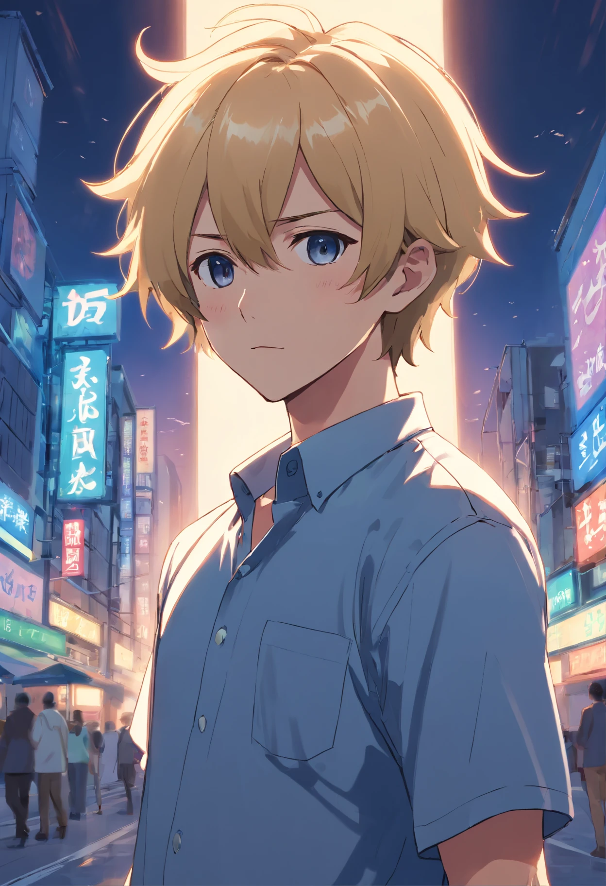 Two-block short hair, short blond Japanese anime male, beard, 40 years old, full body, wearing dark blue set-up, white shirt, with monster, fantasy