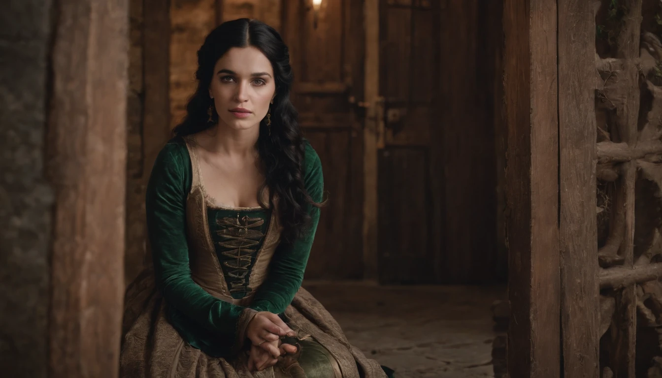 young medieval gypsy woman with black hair and green eyes kneels on the floor beside a wooden door with a slot in it, gothic, sense of unease, mysterious, gloomy castle tower, cinematic, cinematic scene from film, 8k, cinematic in the style of Dion Beebe