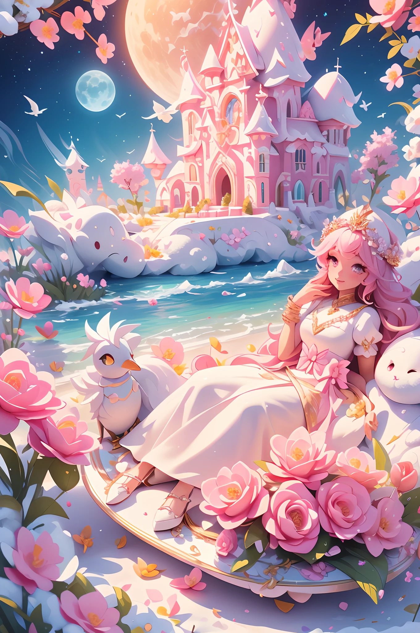 Castle, Flowers, delicate scene, sky, White clouds, and sunlight shine on the snow-white beach. Birds, Pink flowers and bright large shells, diamond crystal, On the beach, fantasy, Night sky, Moon, Smoke, Fire, Photo, HD, 8K, hyper HD, Super detail, High quality, 1080p