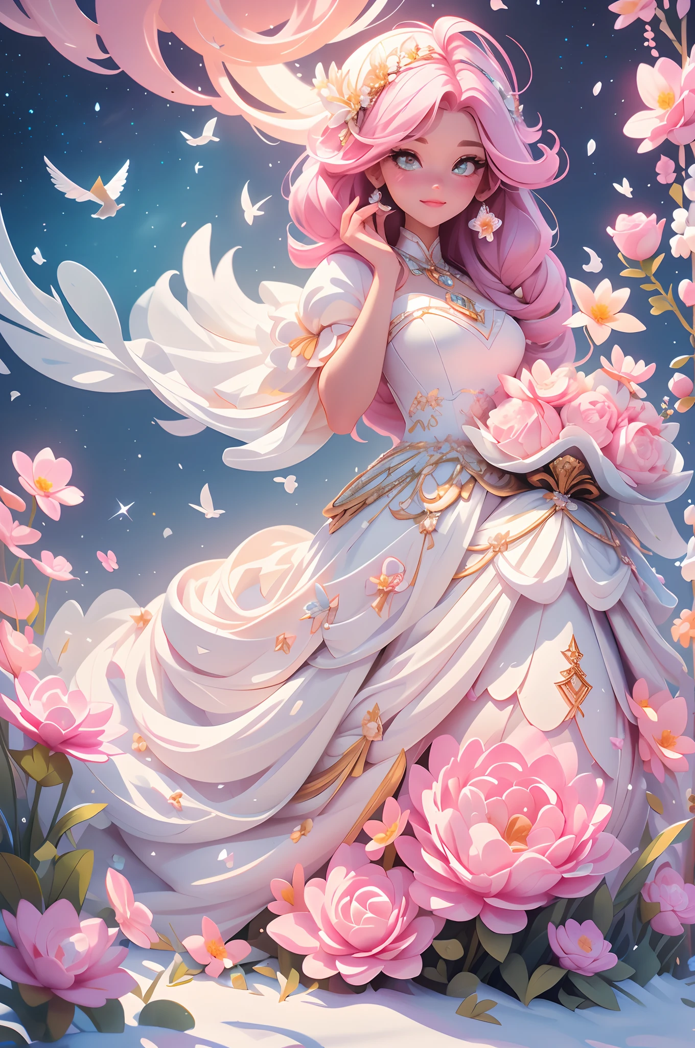 Castle, Flowers, delicate scene, sky, White clouds, and sunlight shine on the snow-white beach. Birds, Pink flowers and bright large shells, diamond crystal, On the beach, fantasy, Night sky, Moon, Smoke, Fire, Photo, HD, 8K, hyper HD, Super detail, High quality, 1080p