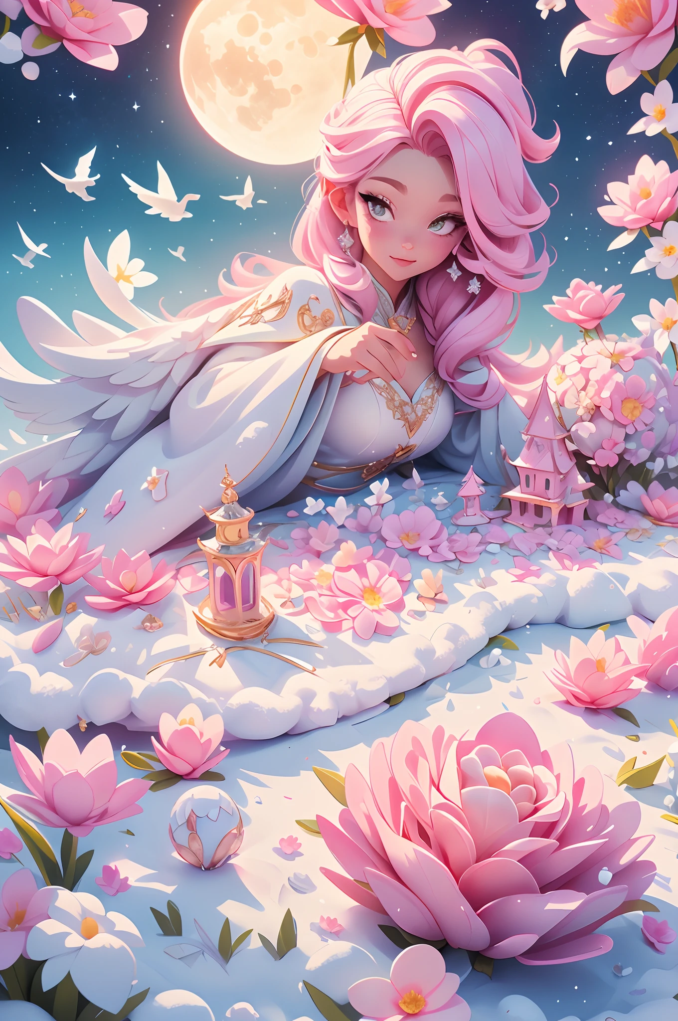 Castle, Flowers, delicate scene, sky, White clouds, and sunlight shine on the snow-white beach. Birds, Pink flowers and bright large shells, diamond crystal, On the beach, fantasy, Night sky, Moon, Smoke, Fire, Photo, HD, 8K, hyper HD, Super detail, High quality, 1080p