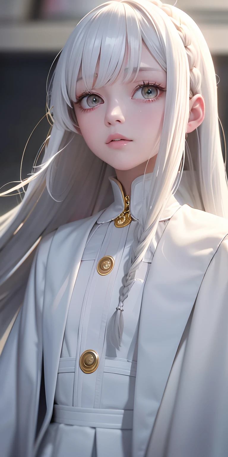 Need,tmasterpiece,whaite hair,Golden eyes,Manteau blanc,Look up,The upper part of the body,Hairline,Fair skin,SideBraid，The shirt is unbuttoned，Expose most of the chest