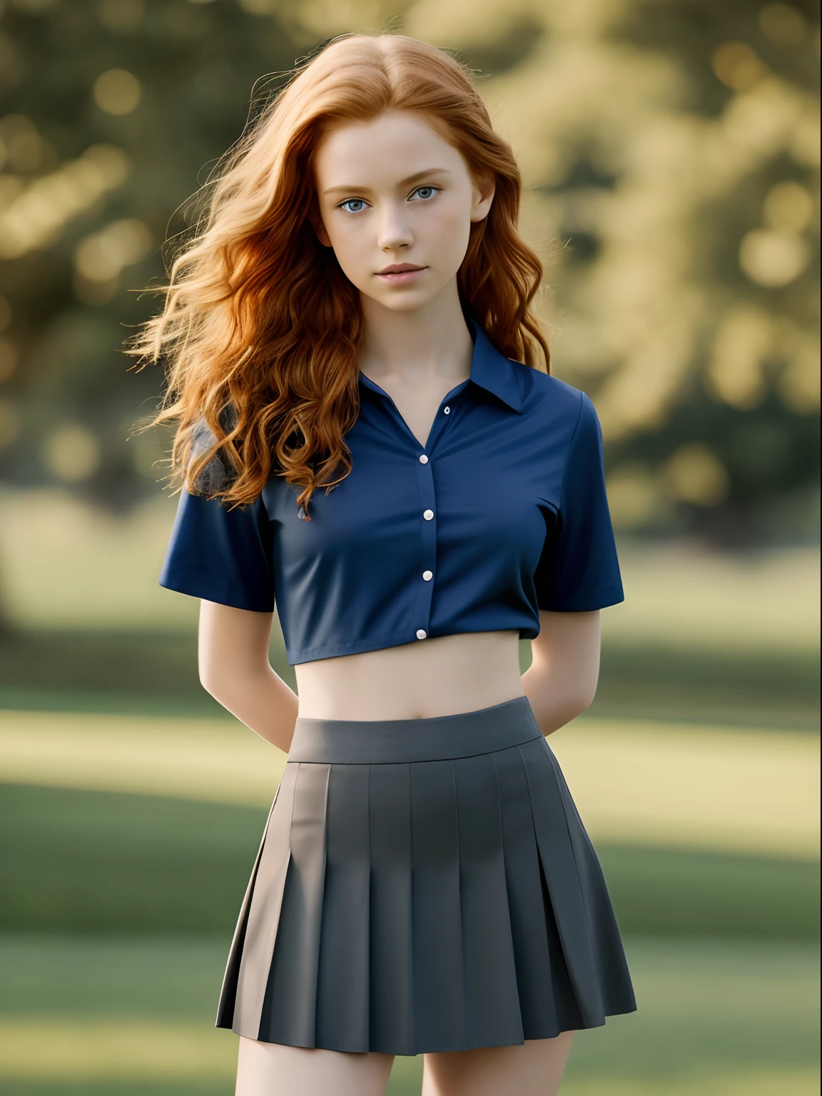 1girl in, age13, teenager, Solo, Aesthetic artwork, irish redhead, curly ginger hair, shoulder length ginger hair, light grey eyes, some small freckles, pale skin, small breasts, runners body, (thin hips, thin waist: 1.1), detailed skin, shy smile, she is on a golf course, (wearing short skirt: 1.6), (super short skirt: 1.25), (black skirt:1.3), wearing low cut croppedgolf shirt, (blue shirt:1.3), revealing chest, (pokies:1.5), nipple outline, hard , shirt button undone, (extremely detailed 8k wallpaper), front lighting, high quality, film grain, Fujifilm XT3 sharp focus, f 5.6, 50mm, High Detail, Sharp focus, (natural light), (seductive), Realistic, ultra realistic, photo realistic