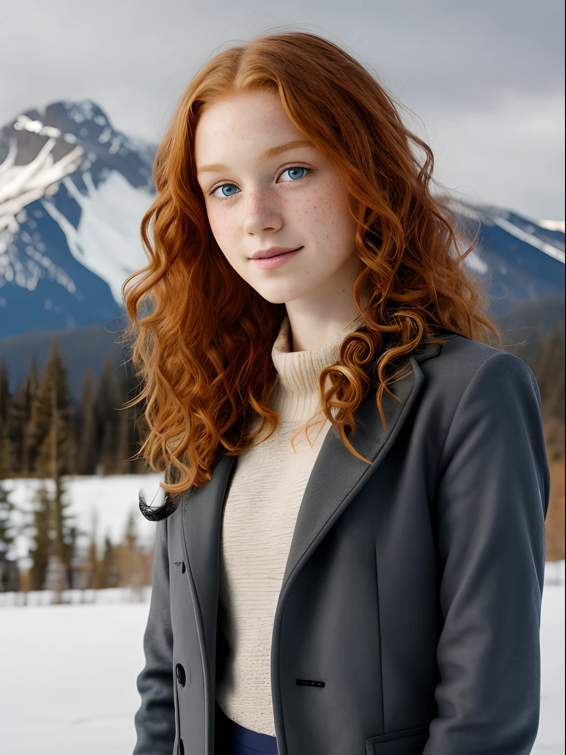 1girl in, age13, teenager, Solo, Aesthetic artwork, irish redhead, curly ginger hair, shoulder length ginger hair, light grey eyes, some small freckles, pale skin, small breasts, runners body, (thin hips, thin waist: 1.1), detailed skin, shy smile, wearing dark gray jacket, wearing navy blue leggings, in a clearing looking at Rocky mountains, early winter, no snow, mountains, blury background, facing away, (back to camera, looking away: 1.25), (extremely detailed 8k wallpaper), (hard lighting), high quality, film grain, Fujifilm XT3 sharp focus, f 5.6, 50mm, High Detail, Sharp focus, (natural light), crazy details, complex details, hyperdetailed