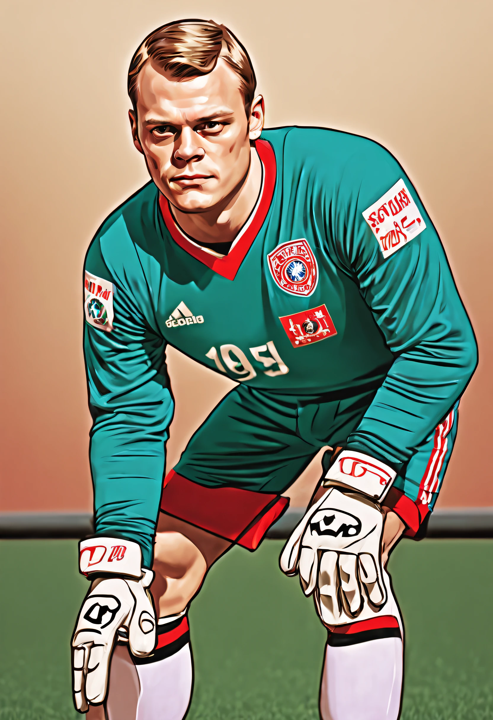 A football goalkeeper, Manuel Neuer, Stand head-on, Guard status。Hands on sports gloves bow to the goal, Bust of Manuel Neuer, Manuel Neuer, footballer, American retro poster style, Modern era style, The fifties and sixties of the last century, Batman-esque, close-up, cowboy shot, 16k