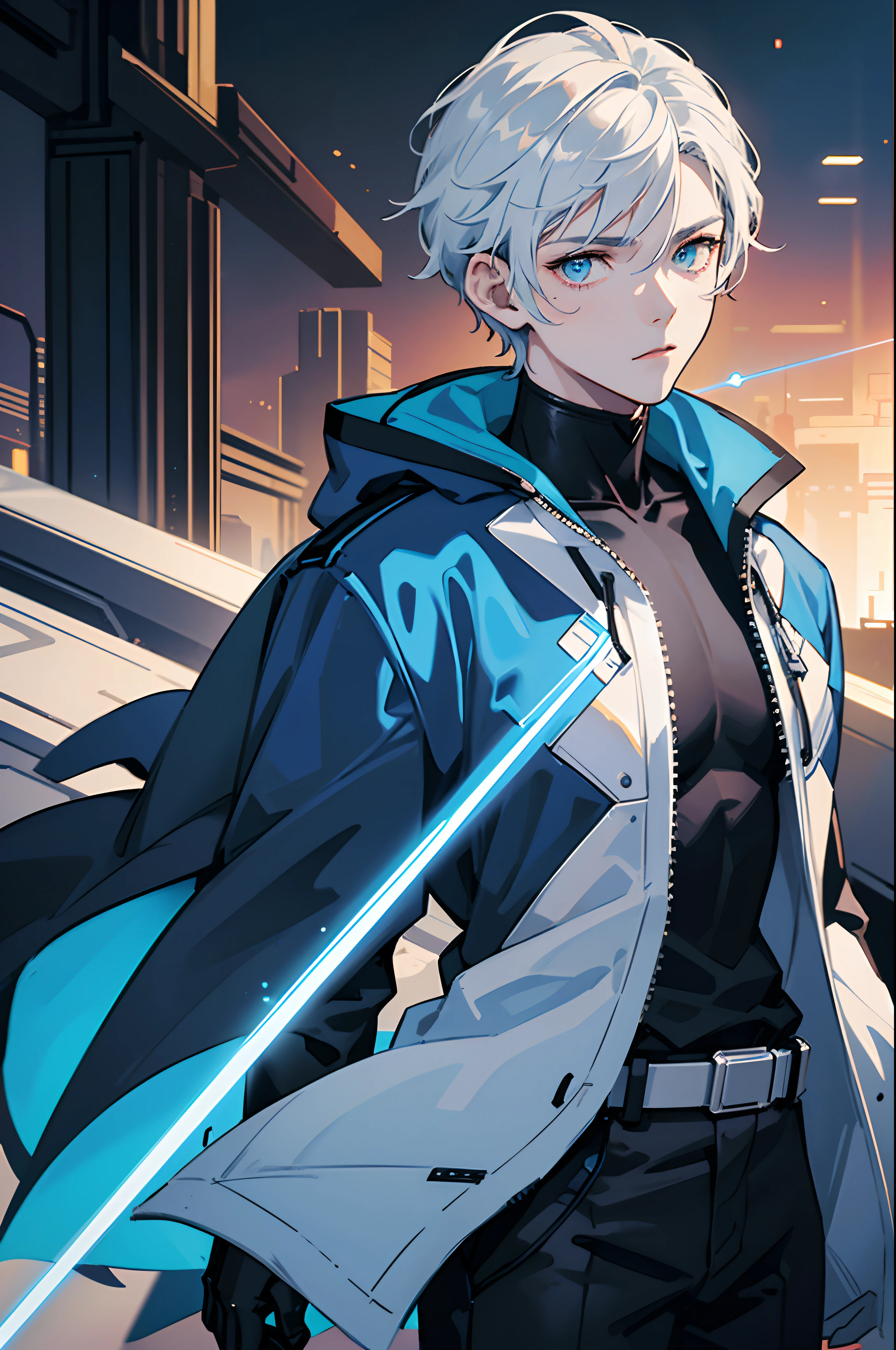 A -yeld te boy, a boy engineer and artificer, robot boy, pale skin tone, without a beard, without a goatee, no facial hair, no body hair, white hair color, straight hair, pointed ears, futuristic black and blue jacket, cyberpunk black and blue clothes, robotic mixed with organic, silver haired boy, futuristic powers, laser powers, body with blue and black lightning particles emitting around it, background lightning