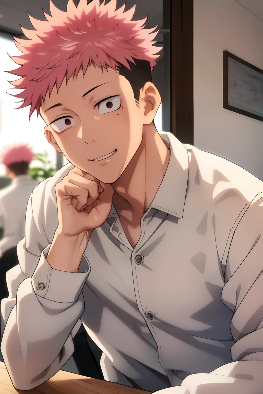 white liquid on your face，Masterpiece, Best quality, High quality, 1boys, Solo, Male focus, (Board Pass_Yuuji)，Pink hair，The shirt，Undercut，Facing the camera，Sit opposite，(dining room)，looks into camera，arms back behind ,Smug,(Undressing),school uniform，musculature，chest muscle，Men's breasts，cleavage