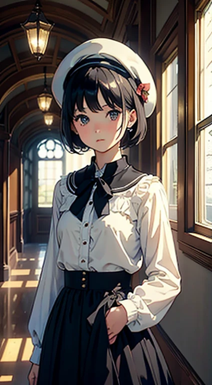 (Watercolor in Sargent style)、(top-quality、masterpiece)、(David Hamilton Style)、(softfocus)、Cinema Angle、ciinematic light、Soft light、1girl in、、A stunning、Short black hair、校服、beret、long skirt、small tits、tiny chest、atlibrary、hallway、cloister、window、(Vintage, classical),