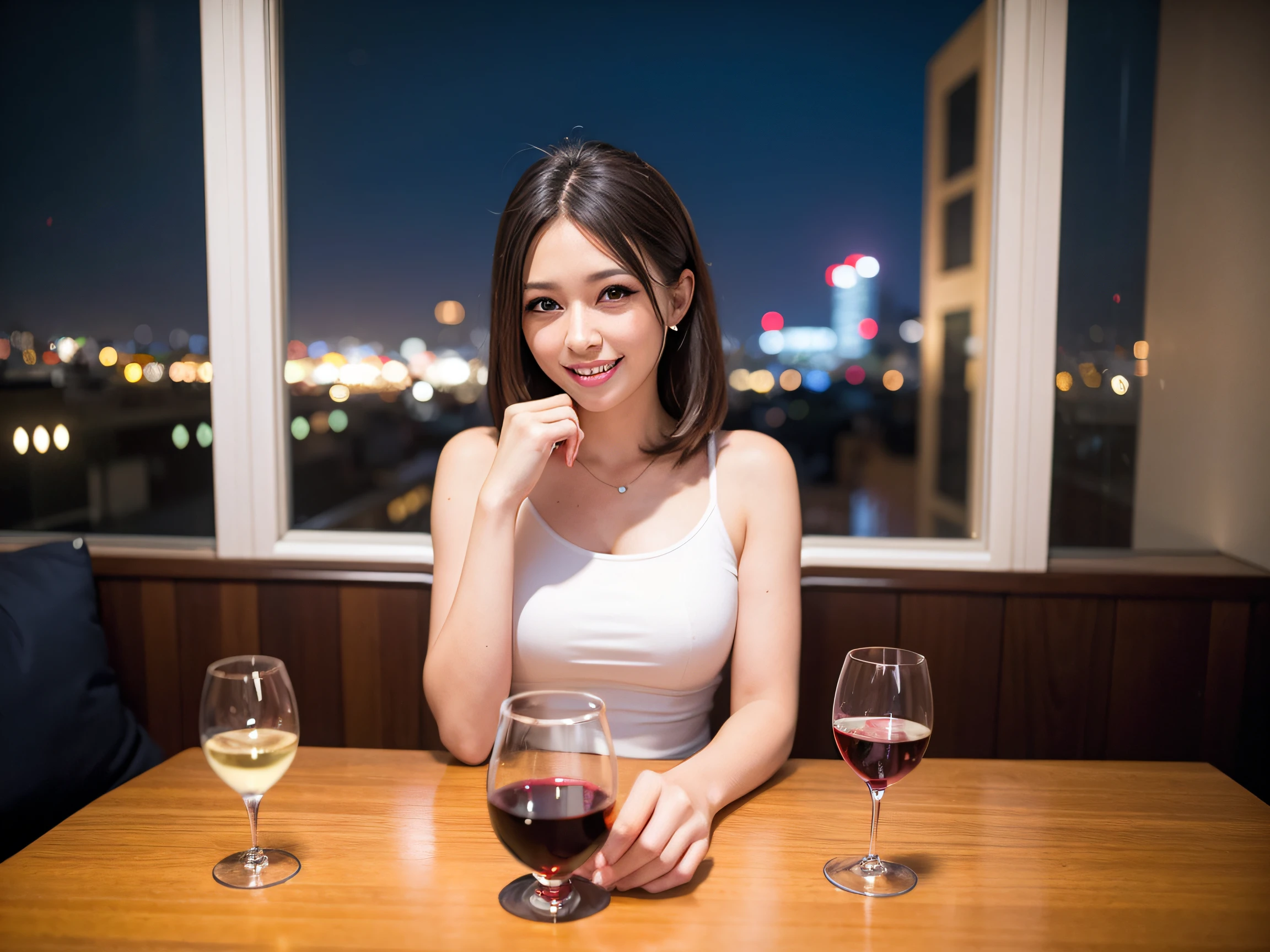 (64K, UHD, top quality, masterpiece: 1.2), (realistic, photorealistic: 1.37), super detailed, pretty woman 1, (slim face), (slim body), (brown hair), (short cut), cheeks slightly blushing, (40 years old), 38 years old, solo, beautiful detailed urban night view outside the window, restaurant, wine glass sitting, at night, in a prominent place (from the waist up) NovaFrogStyle, Actress, Model, Waist Up, White Wine, Slim, Wine Glass, Super Clean Night View, Wine Glass Put in the Middle, Happy Smile, (Smile: 1.15), Beautiful Fine Eyes, Upper Body, Bust Japan Up, Night, Short, Short, Actress, Model, Waist Up, White Wine, Slim, Wine Glass, Super Clean Night View, Wine Glass Put in the Middle, Happy Smile,