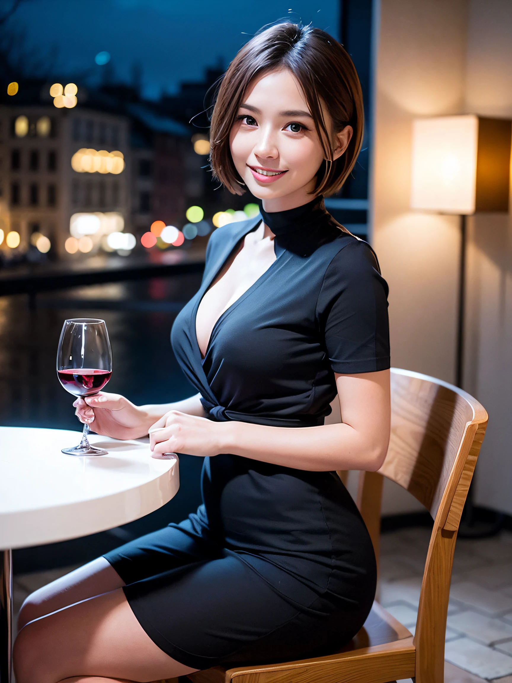 (64K, UHD, top quality, masterpiece: 1.2), (realistic, photorealistic: 1.37), super detailed, pretty woman 1 person, (slim face), (slim body), (brown hair), (short cut), cheeks slightly blushing, (35 years old), 38 years old, solo, beautiful detailed urban night view outside the window, restaurant, wine glasses sit, at night, in a prominent place (from the waist up) NovaFrogStyle, Actress, Model, Waist Up, White Wine, Slim, Wine Glass, Super Clean Night View, Wine Glass Put in the Middle, Happy Smile, (Smile: 1.15), Beautiful Fine Eyes, Upper Body, Bust Japan Up, Night, Short, Short, Actress, Model, Waist Up, White Wine, Slim, Wine Glass, Super Clean Night View, Wine Glass Put in the Middle, Happy Smile,