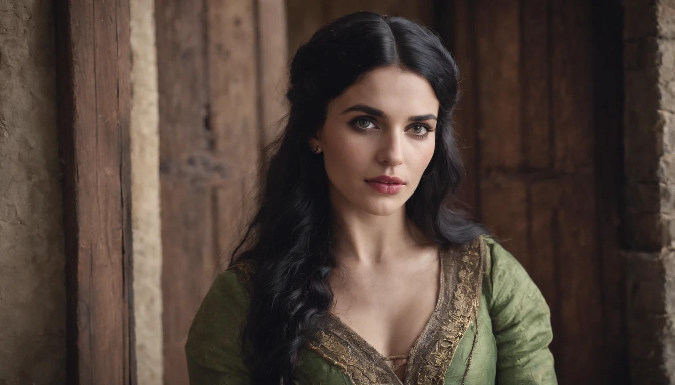 young medieval gypsy woman with black hair and green eyes kneeling on the floor next to a wooden door with a crack, Gothic, feeling uncomfortable, uncanny, dark castle tower, cinematic, Cinematic scene from the film, 8K, cinematic not Dion Beebe style