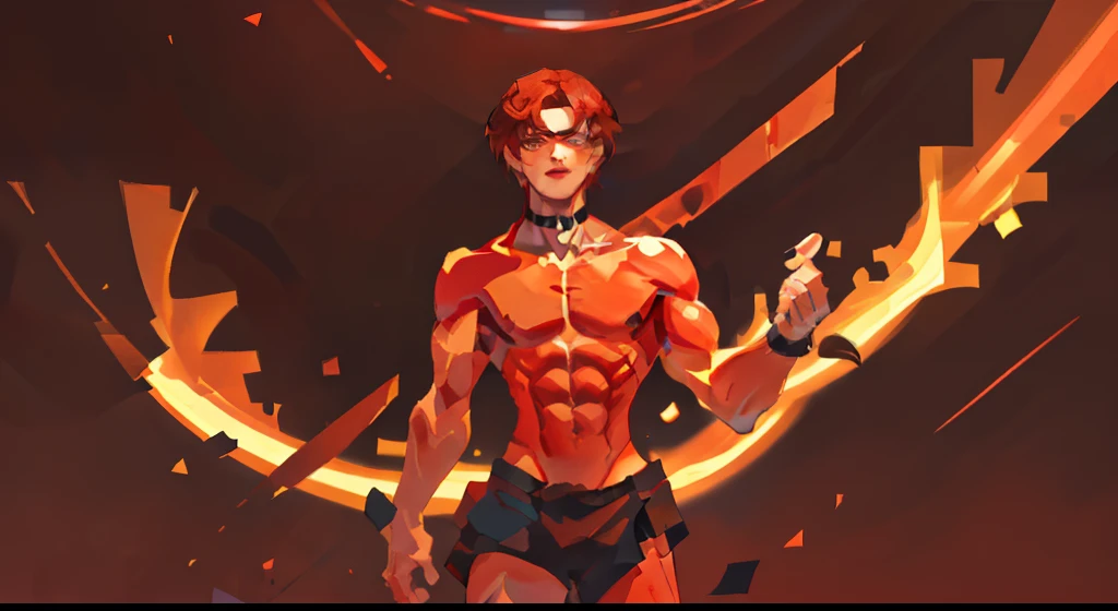 masterpiece, 2d illustration, naked male, solo, very muscular chest, Small boobs, perky nipples, wearing a choker, bright red hair, bright red background, light abs, slim waist, facing the viewer while standing at an angle, facing right, idle posing, white skin tone, only till waist