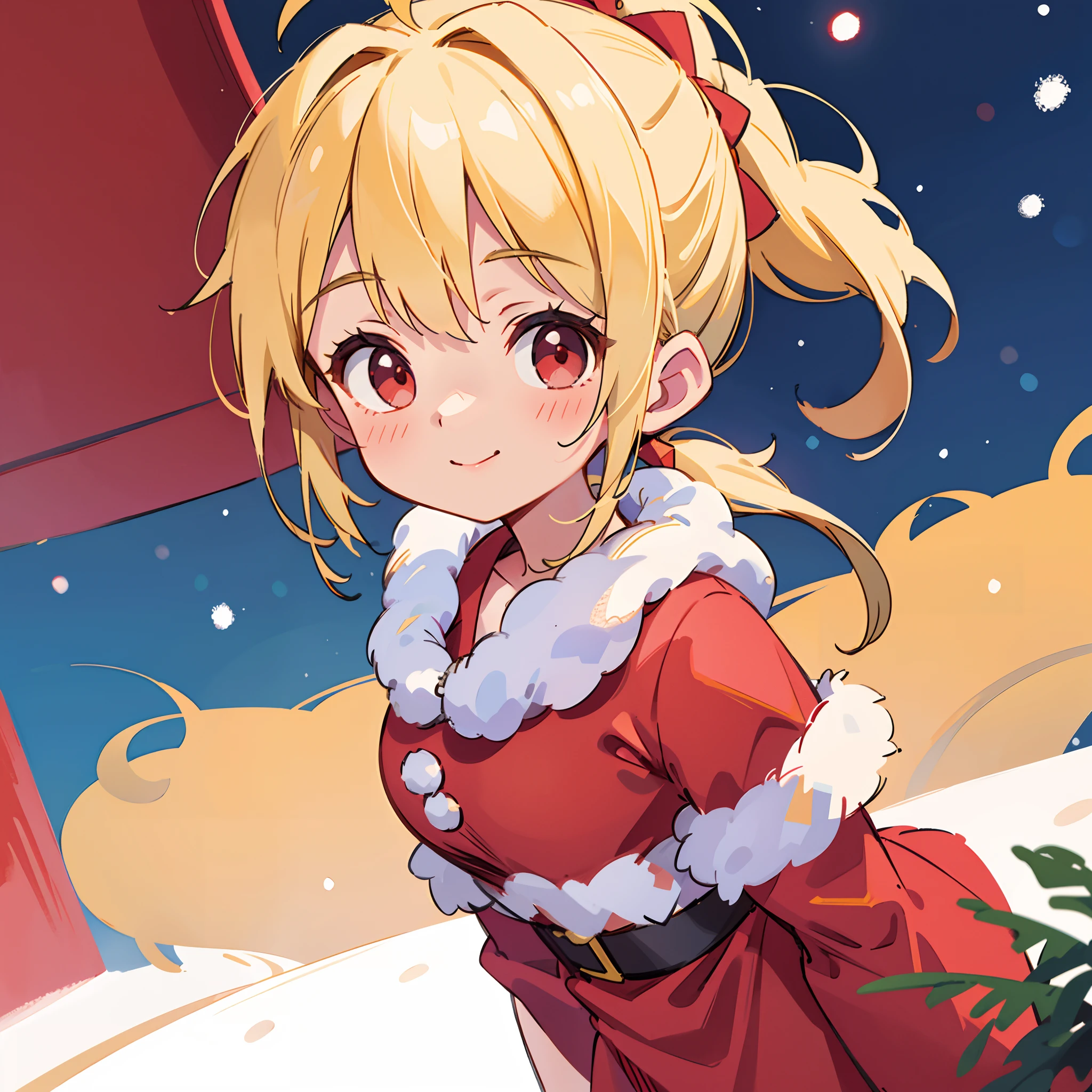 18 year old girl, Wearing Santa costumes、Blonde ponytail、Ahoge、big round red eyes、A slight smil、Laugh、small tits、Realistic painting in every detail, Christmas Outdoors、delicate detail