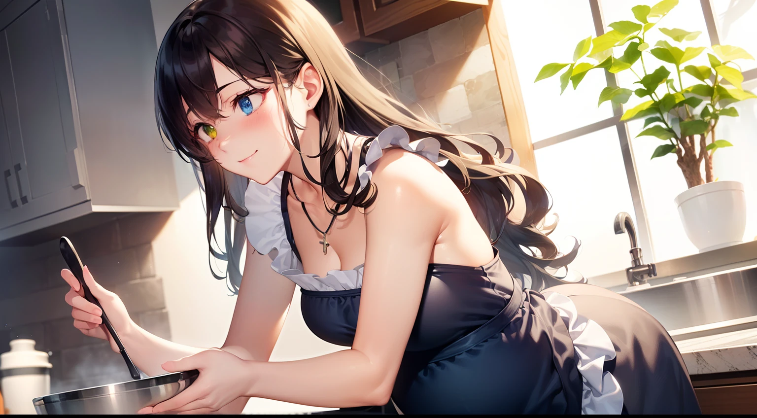 At the table in the maid cafe、Please draw an illustration of a smiling woman in a maid's uniform serving cake and tea.。Women want customers to have fun、We provide services with all our heart.。In the background、The antique-style interior and other guests enjoying themselves are depicted.。