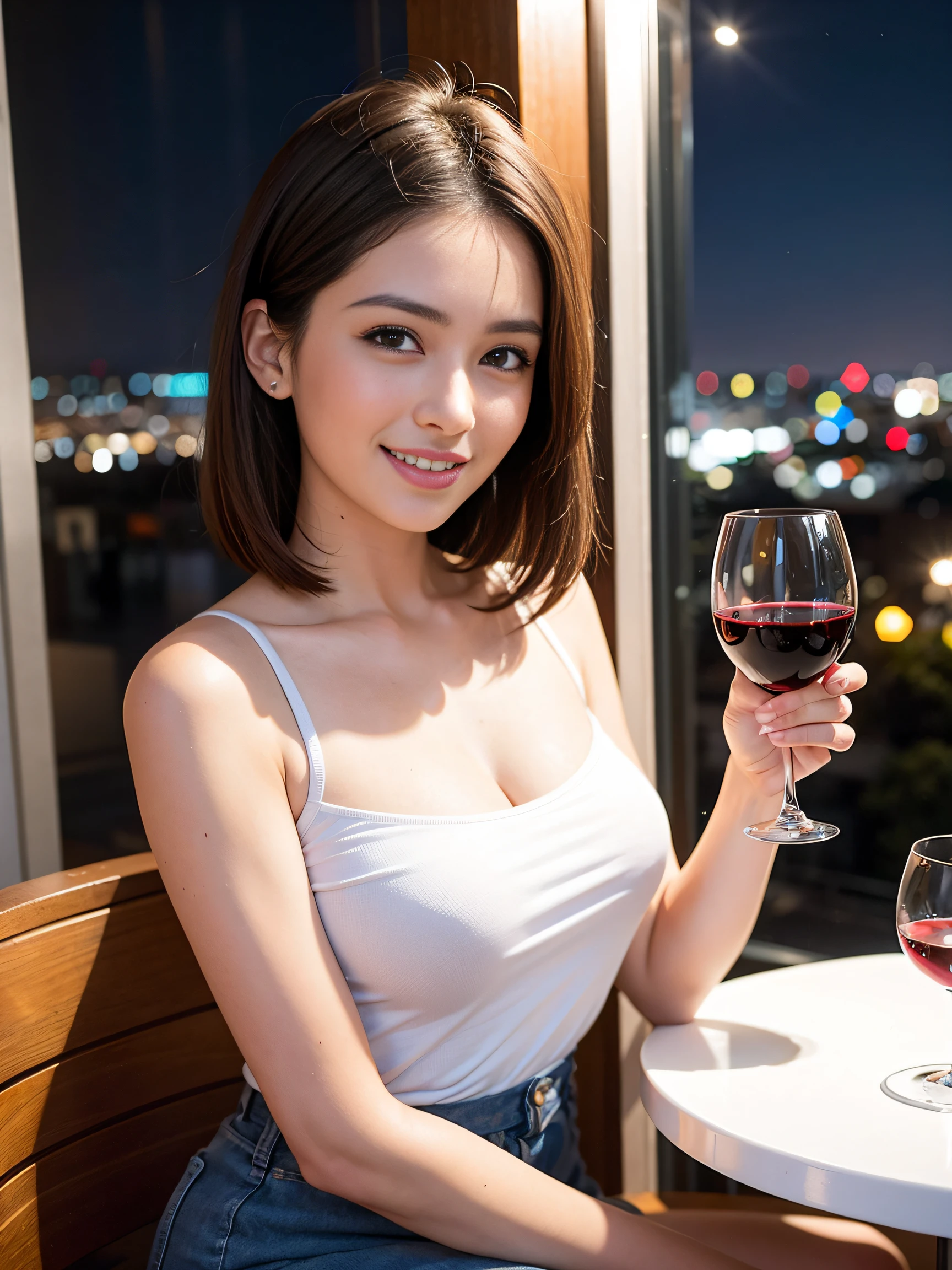A very cute face like a 15-year-old idol Smiling Kindly naked Whole body Medium size bust Enjoy a toast on a stylish balcony with a beautiful night view RAW Photos Genuine Real
