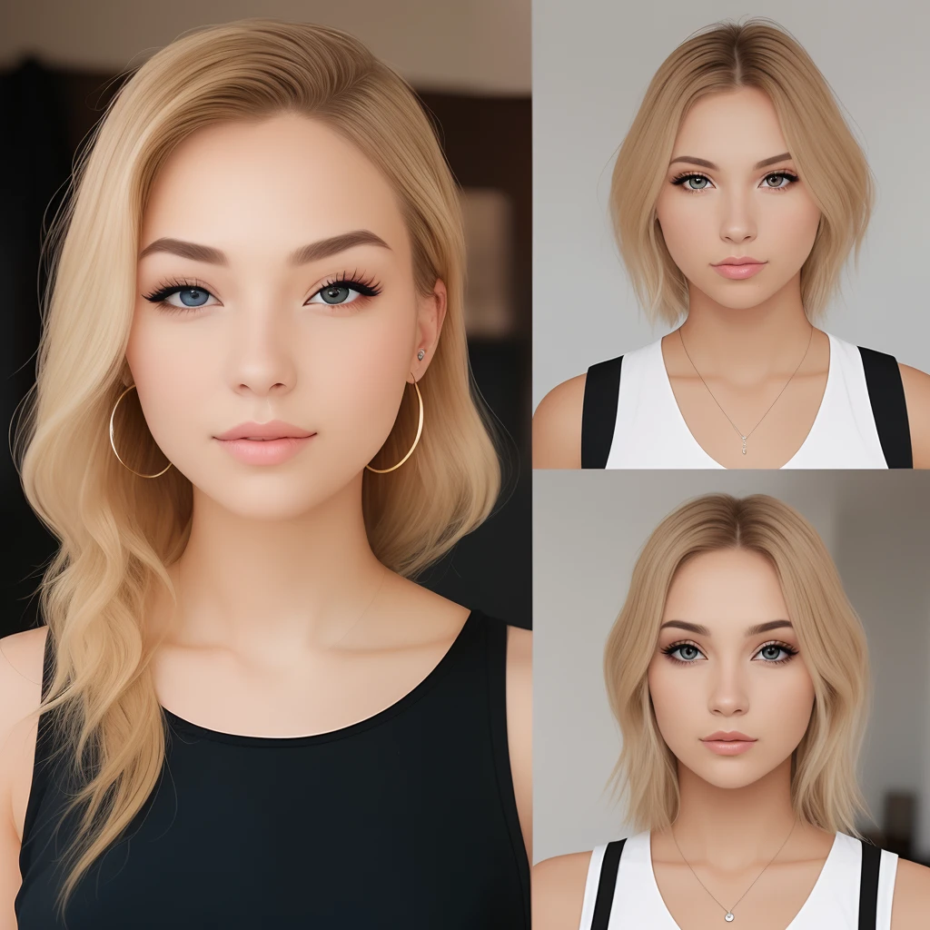 A girl, blonde woman, brown eyes, short stature, large eyelashes, Nose Piercing