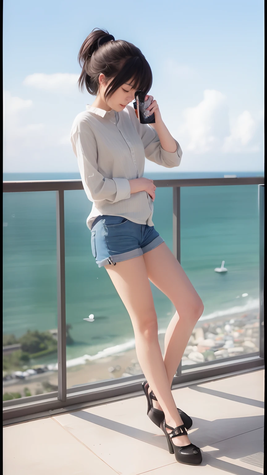 a woman standing on a balcony with a camera and a cell phone, in style of makoto shinkai, style of makoto shinkai, makoto shinkai style, makoto shinkai art style, makoto shinkai. high detail, makoto shinkai!!, makoto shinkai!, ( ( makoto shinkai ) )