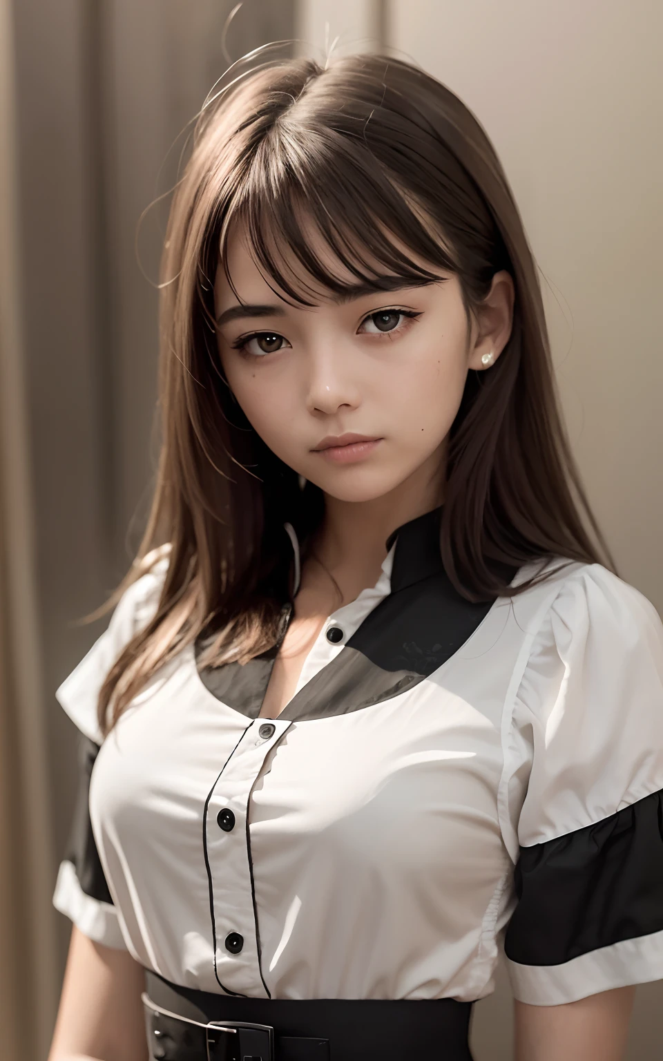(top-quality, masterpiece:1.2), 18 year old beautiful girl, Very cute, Blouse, F 1.8, Soft light, Raw Photos Real, The skin texture is very detailed, without makeup, mournful, mournful, Medium Hair, Bangs, Smile, depth of fields, hight resolution, Ultra-detailed, finely detail, Extremely detailed, extremely detailed eye and face, Sharp pupils, Full body