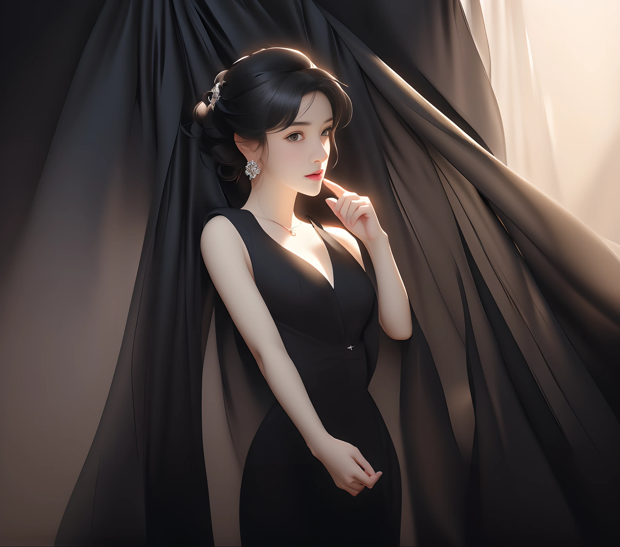 There was a woman in a black dress,Wearing earrings, Girl in black dress, digital art of an elegant, an elegant woman in black dress, with short hair, she wears a black dress, high and cold,Sweet cool,Domineering,Playful,elegant profile pose, Girl with black hair, cute elegant pose, portrait of anime woman, in the art style of bowater, character full body portrait,The style of digital illustration, 3 D rendering character art 8 K, stunning art style, Anime style, anime styled 3d, stylized portrait formal pose, Stylized digital art, stunning digital illustration,clean backdrop