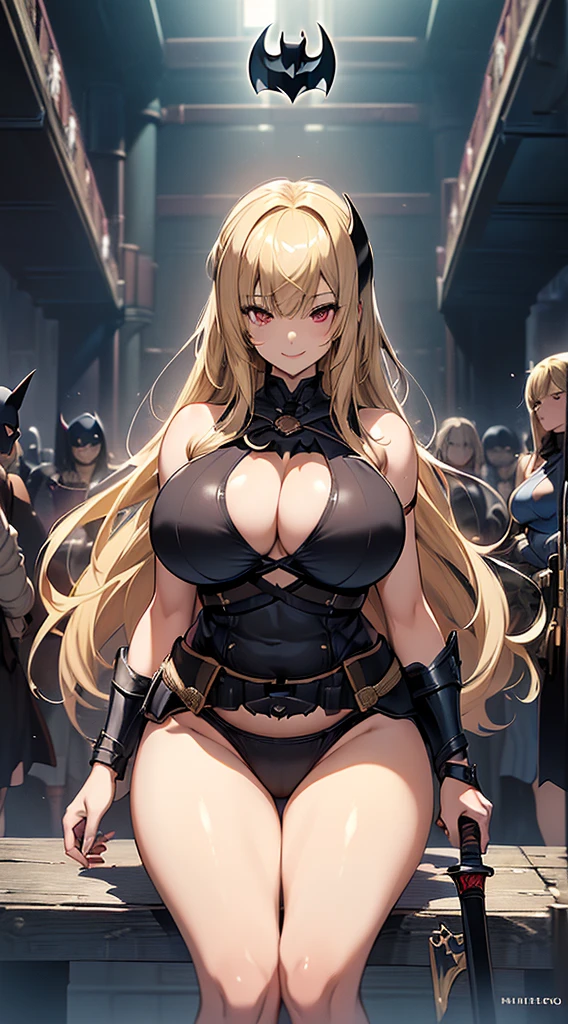 ((masutepiece)), ((High quality)), ((super detailed)), ((High resolution)) , Beautuful Women, ((She is one of the most famous knights., Knight of Darkness)), Beauty, ((Large breasts)), ((big butts)), Deep cleavage, Slim waist, Chest out, hyperdetailed face, Perfect Skin, ((((waist-length hair, Long straight blonde hair, crossed bangs)))), Red Eyes, Whole body image, Sexy, An inviting smile, (((Anime))), ((Glamorous, Plump)) ,23 years old,Height 170 cm,, ((Incredibly beautiful woman)), ((((Provocative)))), ((H Cup Bust)), Sexy Pose, ((Mysterious)), ((((Dark Knight)))), ((bikini-armor, one-piece underwear, Holding a black greatsword.)), Dungeon, Anime:1.4,