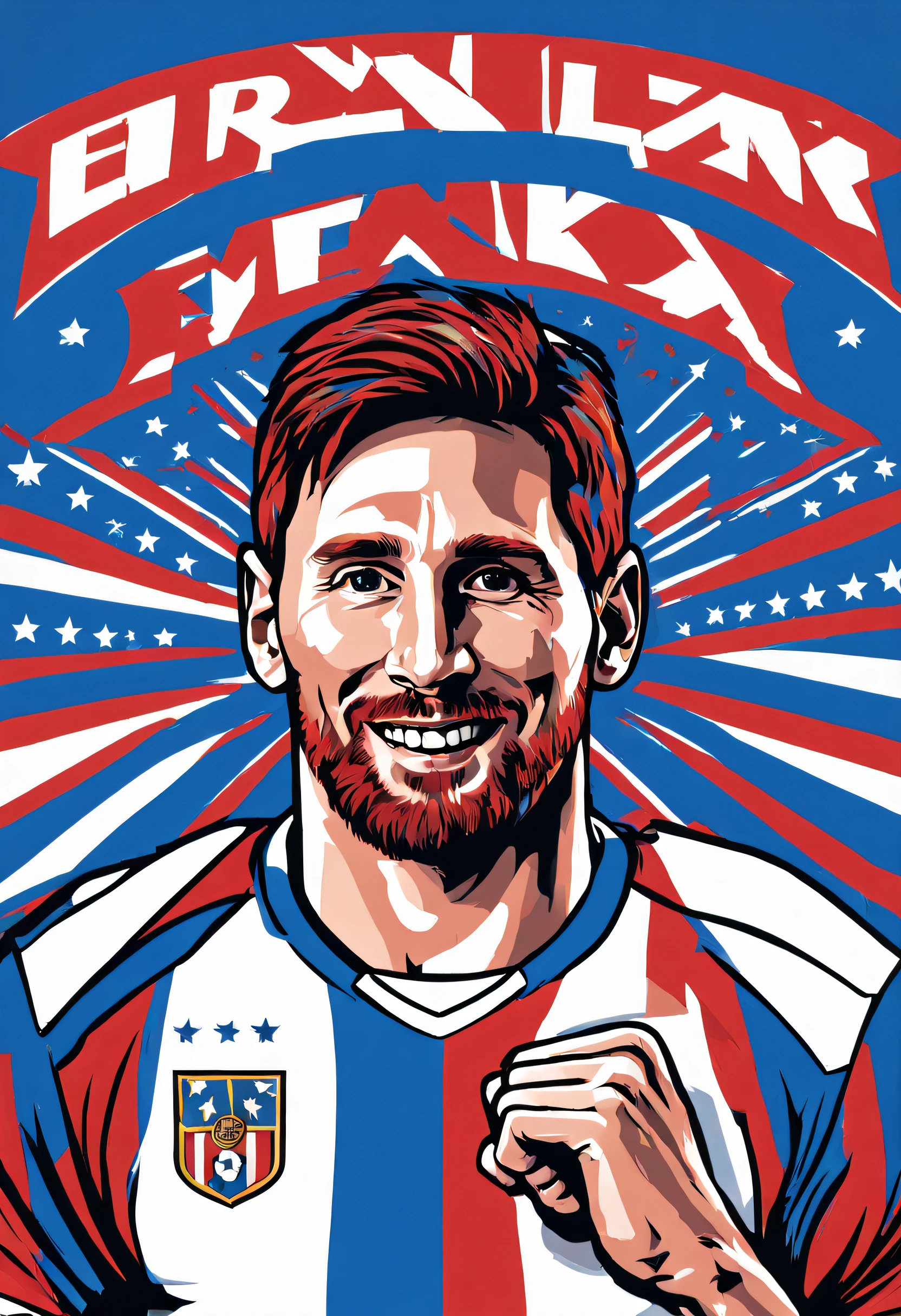 Image of a football player in a blue and red shirt, Pictures inspired by Ernaux Bank, Victory cheers, American retro poster style, Macy, lionel messi, lionel messi portrait,