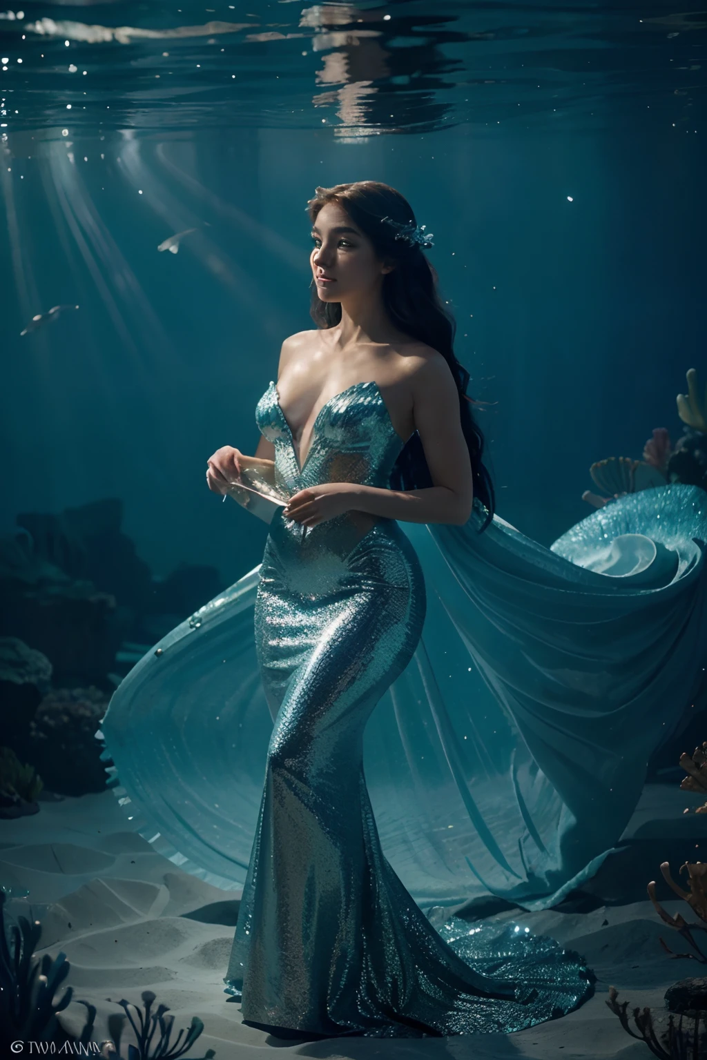 In the depths of the tranquil ocean, a captivating sight awaits. Imagine a breathtaking scene, reminiscent of a professional and marketing photoshoot. The Little Mermaid, portrayed in a realistic manner, takes center stage. The lighting is exquisite, casting a luminous glow upon her radiant form. In this bioluminescent underwater world, every intricate detail of her ethereal beauty is captured, from the shimmering scales on her tail to the delicate strands of her flowing hair. The composition exudes a sense of elegance and allure, as the Little Mermaid poses gracefully, embodying both strength and vulnerability. Create an image that mesmerizes, evoking the enchantment of this iconic tale. --ar 16:9 --v 5.2