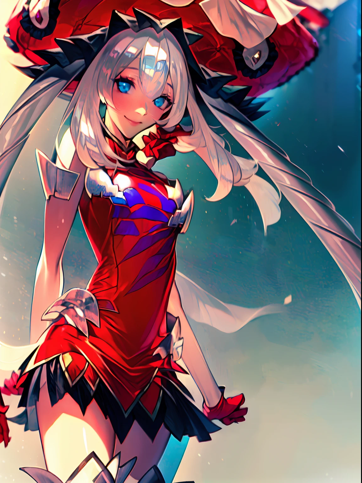 ((((Marie Antoinette)))、(Terrestrial order of fate)、((silber hair))、Twin-tailed、kawaii、blue eyess、1 persons、long、Red Shirt、A smile、one girls、beautiful a girl、de pele branca、Beautiful fece、masterpiece、A sexy、rcasual、((Red dress without sleeves))、(Big red beret)、Anime style、Red Turtleneck、Red gloves、Big red hat、long white boots、独奏、very long white blonde hair、{{{Silver ornament at upper arm....}}}、(zora々Shiime)、魅惑的、smil、(Big, Beautiful and detailed eyes)、((Detailed description up to the eyes))、 (Fine and beautiful eyes)、1 persons、((masterpiece))、top-quality、illustratio、realisitic)、Light smile、glowy skin、a red skirt、frilld、thighs thighs thighs thighs、((Studio Lighting))、beautiful countenance、Model-like face、masterpiece、((top-quality))、(ultra-detailliert)、bare shoulders、large hat、Detailed hats、red headwear、Onions have、Cute skirt、Black and red skirt、flowing skirt、Marie Antoinette 、Marie Antoinette's Horta、beautiful detailed shadow、Highly detailed CG Unity 8K wallpapers、\(Fate\)、girl with、silber hair、Twin-tailed、Blue big eyes、red sleeveless shirt、sleeveless red dress、bare shoulders、Bright eyes、Delicate hand、Creamy boots、White High Sock Boots