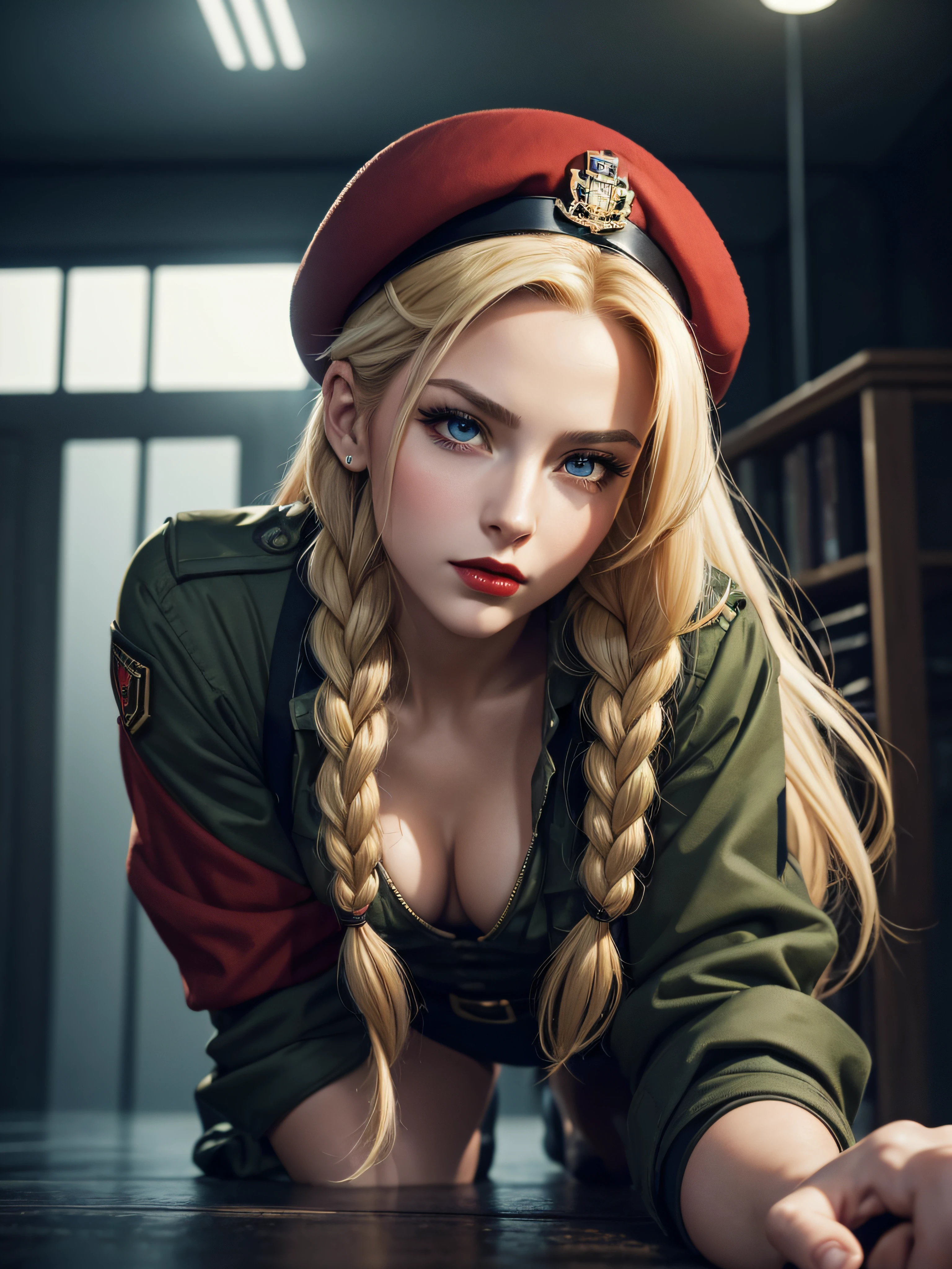 "(exquisitely detailed CG unity 8k wallpaper, masterpiece-quality with stunning realism), (best illumination, best shadow), (best quality), (elegant style:1.2), Arti modern anime. angled view, heroic pose, closeup full body portrait of stunningly beautiful cammy from street fighter, Masterpiece, best quality, highres, mature Cammy white, twin braids, long hair, blonde hair, antenna hair, (red beret headwear:1), blue eyes, scar on cheek, green military leotard, green military skirt, red gloves, fingerless gloves, camouflage, (fully clothed:1), abs, depth of field blur effect, night, full zoom, action portrait, photorealistic. cinematic lighting, highly detailed. best quality, 4k, (Better hand:1), (blonde hair:1) (red nail-polish:1), (red lips:1) (makeup:1) perfect anatomy, leaning forward, foreshortening effects, coy flirty sexy expression, foreshortening effect, (piercing eyes:1), surrounded by an ominous and dark atmosphere, accentuated by dramatic and striking lighting, imbued with a sense of surreal fantasy". (wearing military boots:1), (resting in london city MI6 in the morning:1.3) (wearing a British Military jacket:1) (mature:0.5)