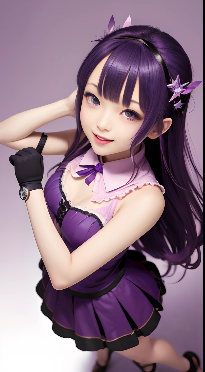 Hoshino Ai, gloves, Tongue sticking out, tongue, Long hair, Star (symbol), Watch Viewer, (Purple hair: 1.2), Purple eyes, Upper body, Hair Ornament, frilld, PINK SHIRT, Smile, Sleeveless, Shirt, Idol, symbol-shaped pupils, Hands raised, Bangs, One side up, star-shaped pupils,dress pull, Roaring 20s, isometric,Full body, Rembrandt, Illustration, detail, depth of fields, Looking at the viewer, piece sign, Raised hands, Tongue out, Highest Quality, High resolution.