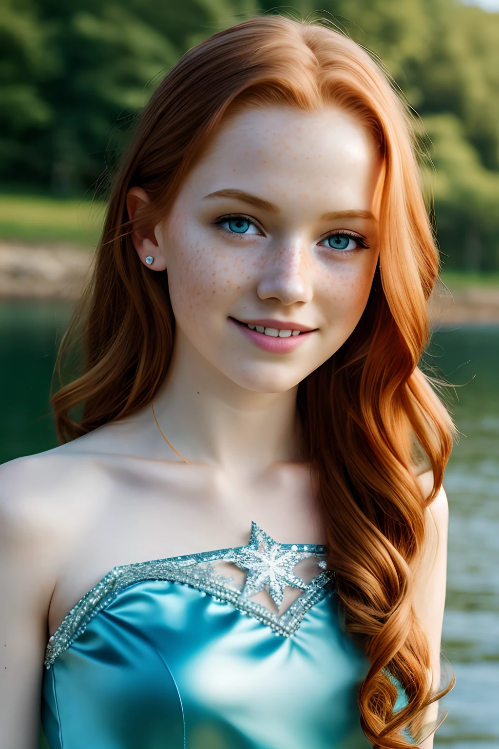 1girl in, , teenager, Solo, Aesthetic artwork, irish redhead, curly ginger hair, shoulder length ginger hair, light grey eyes, some small freckles, pale skin, small breasts, runners body, (thin hips, thin waist: 1.1), detailed skin, shy smile, standing outside by lake, (extremely detailed 8k wallpaper), soft lighting, high quality, film grain, Fujifilm XT3 sharp focus, f 5.6, 50mm, High Detail, Sharp focus,(outdoor light), day lighting, (seductive), wearing Elsa costume, wearing frozen costume, sparkly blue dress, Elsa from Frozen, Realistic, crazy details, complex details, hyper detailed,