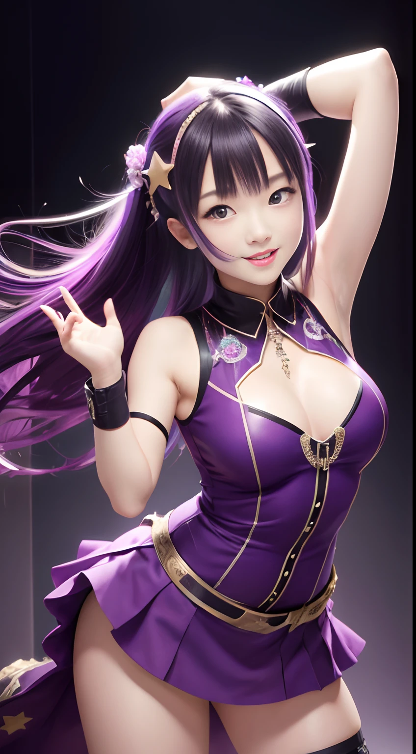 Hoshino Ai, gloves, Tongue sticking out, tongue, Long hair, Star (symbol), Watch Viewer, (Purple hair: 1.2), Purple eyes, Upper body, Hair Ornament, frilld, PINK SHIRT, Smile, Sleeveless, Shirt, Idol, symbol-shaped pupils, Hands raised, Bangs, One side up, star-shaped pupils, Arms raised, dress pull, Roaring 20s, isometric,Full body, Rembrandt, Illustration, detail, depth of fields, Looking at the viewer, piece sign, Raised hands, Tongue out, Highest Quality, High resolution.