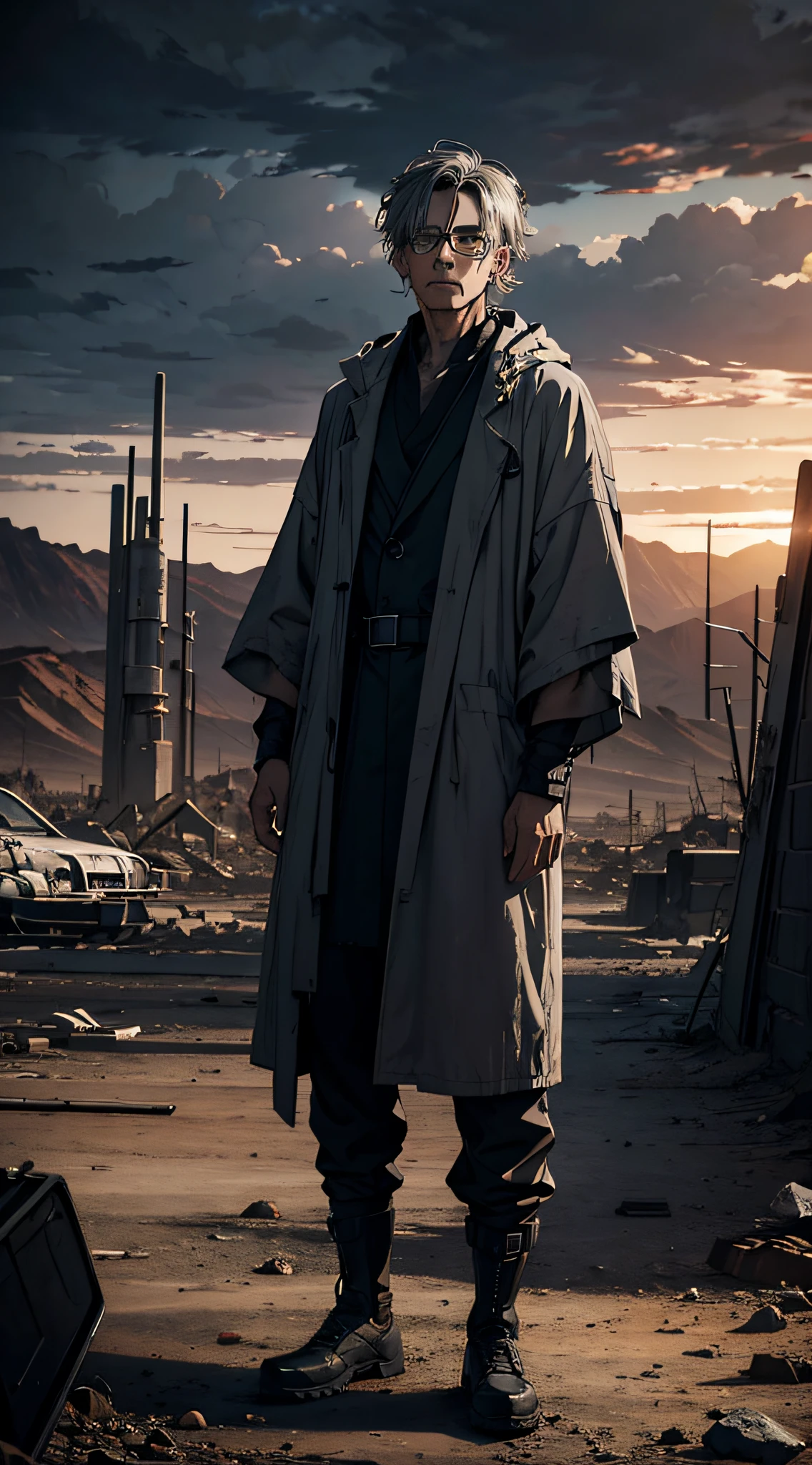 Masterpiece, dystopian scientist, filthy robe, glasses, gray hair, lostness, post-apocalyptic desert landscape, dark sky, gloomy sky, black overcast clouds