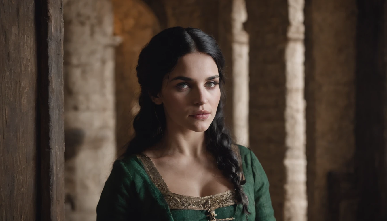 within a gloomy castle tower, a young medieval gypsy woman with black hair and green eyes kneels on the floor beside a wooden door with a slot in it, gothic, sense of unease, mysterious, cinematic, cinematic scene from film, 8k, cinematic in the style of Dion Beebe