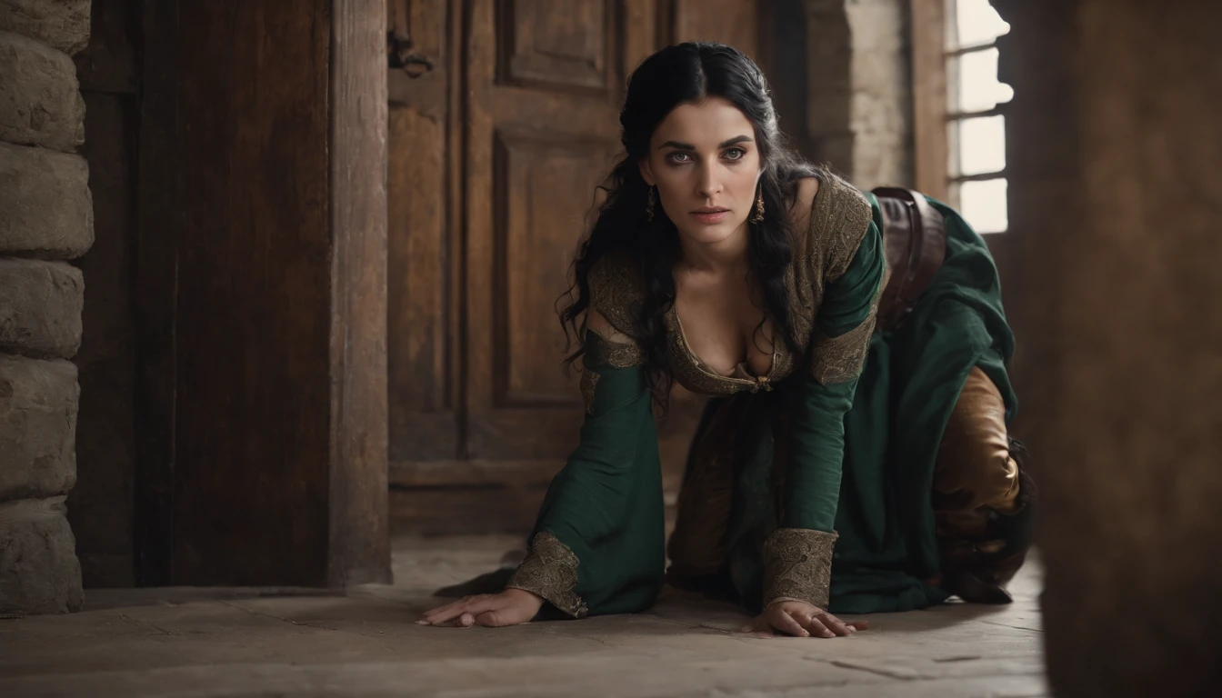 within a gloomy castle tower, a young medieval gypsy woman with black hair and green eyes kneels on the floor beside a wooden door with a slot in it, gothic, sense of unease, mysterious, cinematic, cinematic scene from film, 8k, cinematic in the style of Dion Beebe