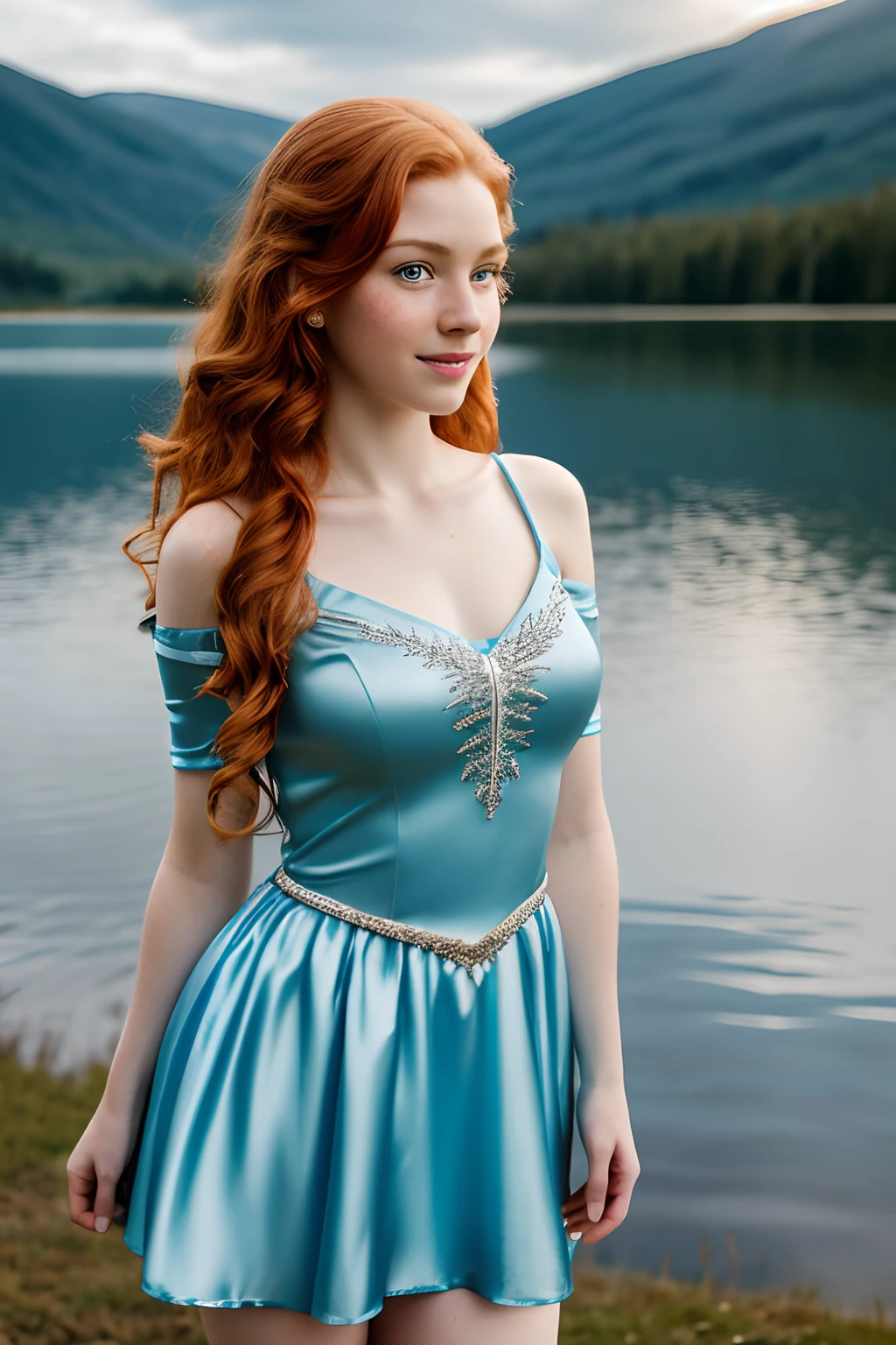 1girl in, , teenager, Solo, Aesthetic artwork, irish redhead, curly ginger hair, shoulder length ginger hair, light grey eyes, some small freckles, pale skin, small breasts, runners body, (thin hips, thin waist: 1.1), detailed skin, shy smile, standing outside by lake, (extremely detailed 8k wallpaper), soft lighting, high quality, film grain, Fujifilm XT3 sharp focus, f 5.6, 50mm, High Detail, Sharp focus,(outdoor light), day lighting, (seductive), wearing Elsa costume, wearing frozen costume, sparkly blue dress, Elsa from Frozen, Realistic, crazy details, complex details, hyper detailed,