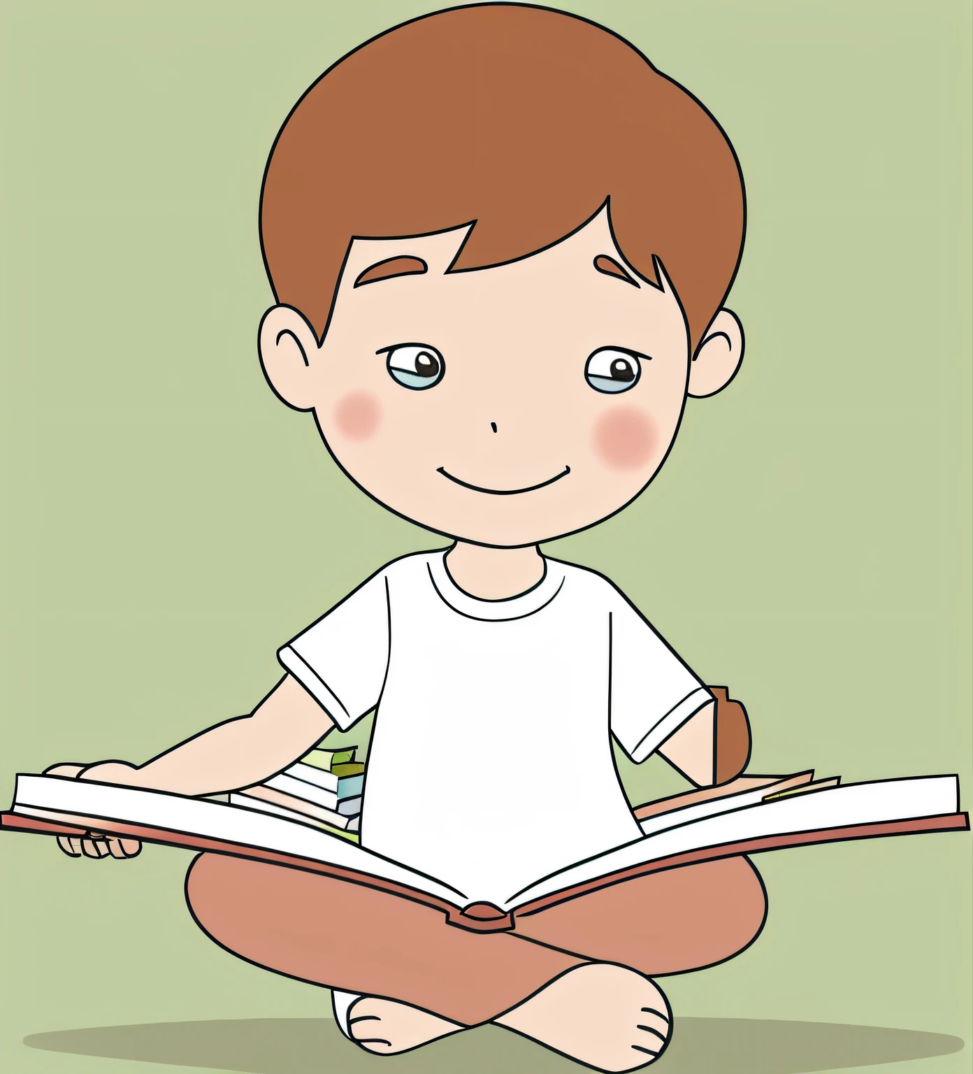 Cartoon boy sitting on the floor reading a book, reading new book, Reading a book, From reading to playing games, trying to read, he is holding a large book, coloring book, children's book drawing, Children's book style, Children\'s book drawing, children's book illustrations, textbook illustration in clolour, trying to study, Holding a book