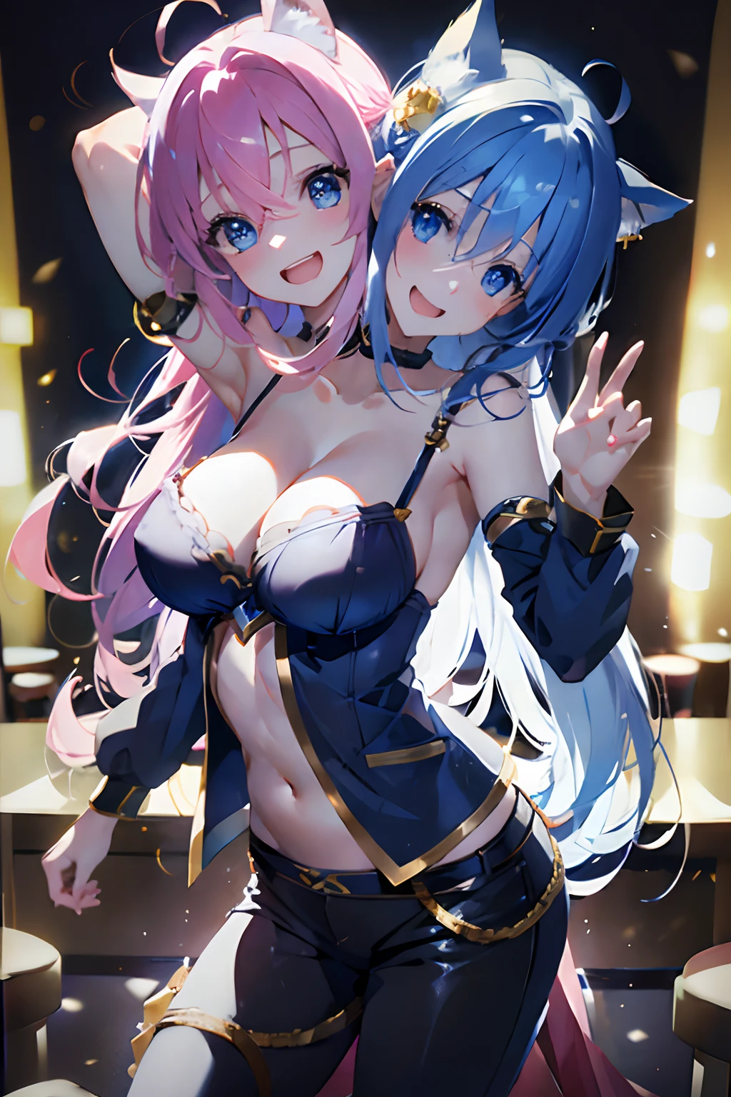 (masterpiece, best quality), best resolution, (2heads:1.5), 1girl, catgirl, one head bluehair, one head pink hair, cat ears, blueeyes, smiling, giggling, friendly, inviting, hitorigotou, hitori gotou, blue eyes, cube hair ornament, hair between eyes, hair ornament, one side up, long hair,black hair, blue underdye, blue eyes, open mouth, singing, holding a microphone, blue jacket, black pants, karaoke lounge,