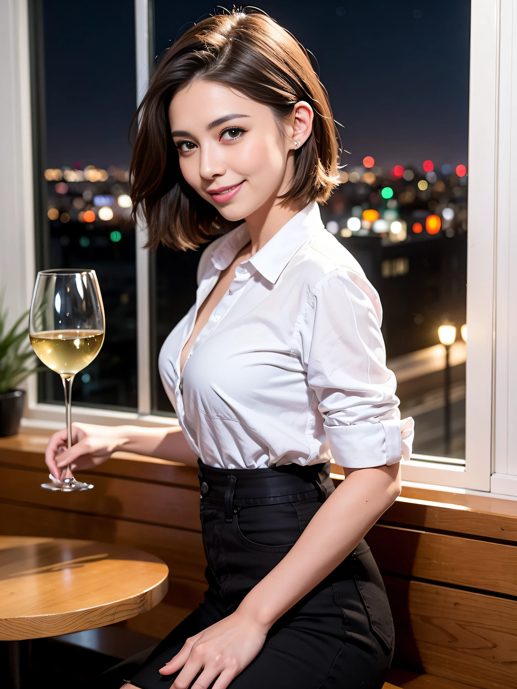 (64K, UHD, top quality, masterpiece: 1.2), (realistic, photorealistic: 1.37), super detailed, pretty woman 1 person, (slim face), (slim body), (brown hair), (short cut), cheeks slightly blushing, (42 years old), 38 years old, solo, beautiful detailed urban night view outside the window, restaurant, wine glasses sit, night, in a prominent place (from the waist up) NovaFrogStyle, Actress, Model, Waist Up, White Wine, Slim, Wine Glass, Super Clean Night View, Wine Glass Put in the Middle, Happy Smile, (Smile: 1.15), Beautiful Fine Eyes, Upper Body, Bust Japan Up, Night, Short, Short, Actress, Model, Waist Up, White Wine, Slim, Wine Glass, Super Clean Night View, Wine Glass Put in the Middle, Happy Smile,