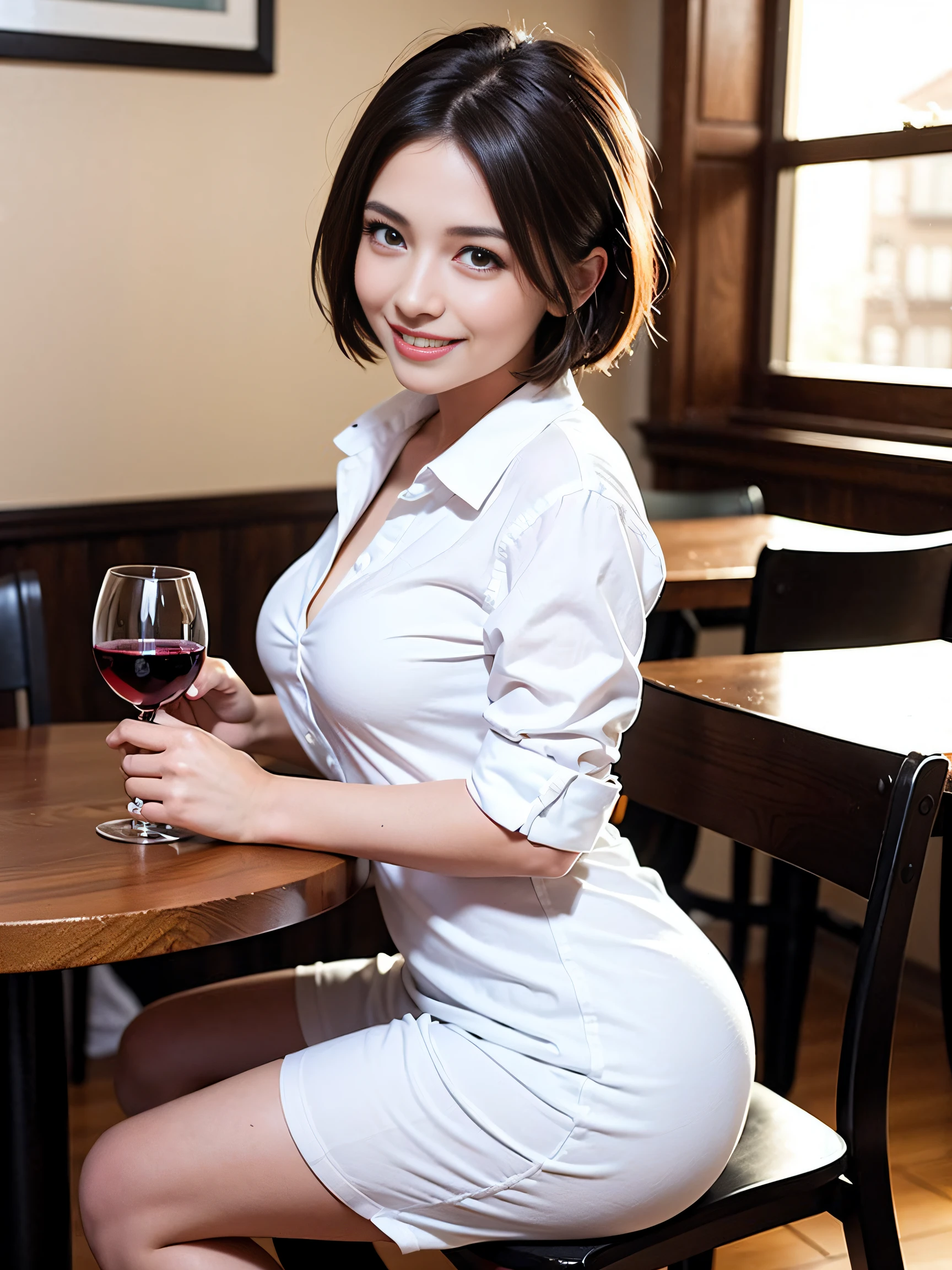 (64k uhd、nffsw、top-quality、​masterpiece:1.2)、(realisitic、Photorealsitic:1.37)、Beautuful Women、Woman with good posture、japanes、Italian woman、French woman、A beautiful woman with a nice smile、Pretty women、(Slim Faces)、(Slim body)、（brawn hair）、(short-cut)、Short sleeved shirt、Neat and clean dress、Suits、Half Beauty、Longhaire、Wine Party、(45 yers old)、48yo、Wine lover、enjoying a glass of wine、Beautiful detailed urban night view outside the window、resturant、Have a glass of wine、Italian food on the table、(from waist up)、Beautuful Women、Beauty Witch、date、(A smile:1.15)、Beautiful fine eyes、Sitting on a chair、natta、(short-hair:1.2)、Float NovaFrogStyle、女優、modeled、from waist up、wine bottle、white wine、Slimed、wine glasses、red wine、Happy smile、Super Blessed