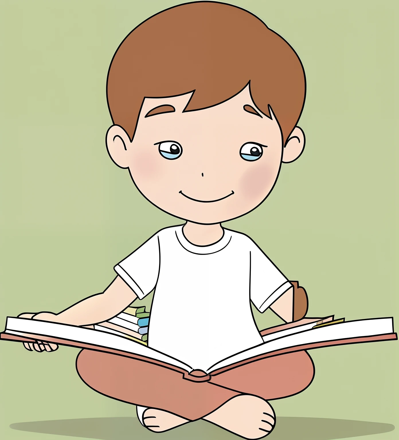 Cartoon boy sitting on the floor reading a book, reading new book, Reading a book, From reading to playing games, trying to read, he is holding a large book, coloring book, children's book drawing, Children's book style, Children\'s book drawing, children's book illustrations, textbook illustration in clolour, trying to study, Holding a book