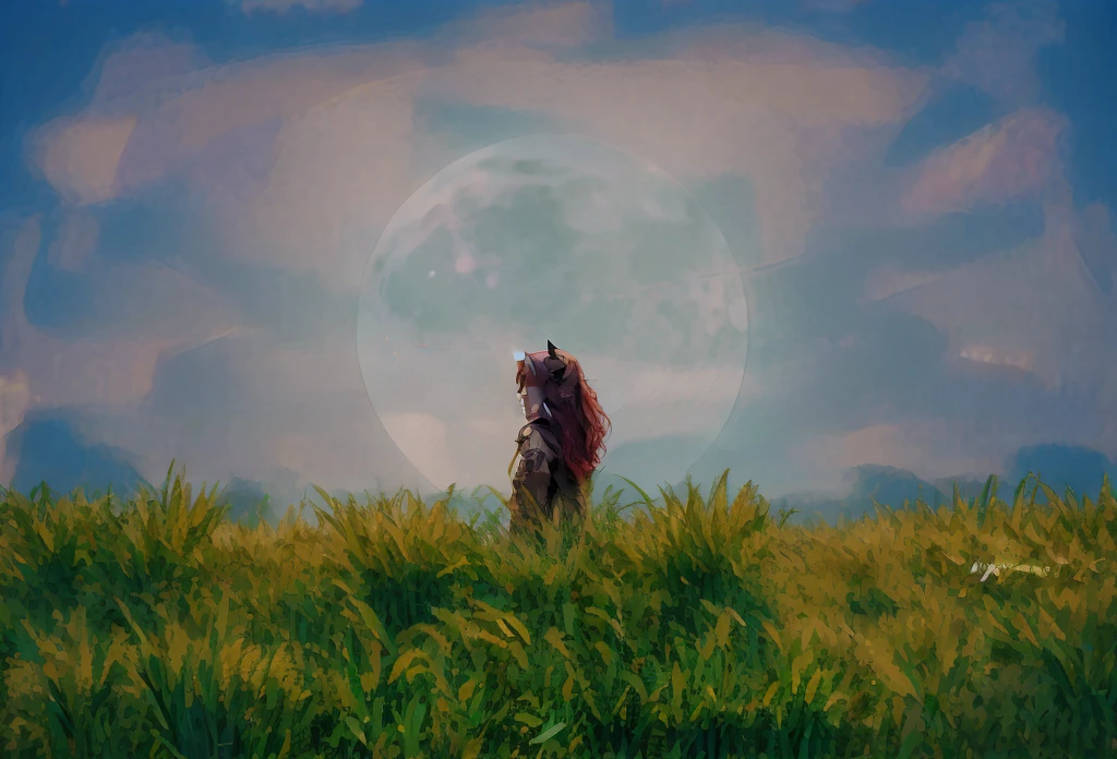 Autumn background,Background of a wheat field, Night background,moon,sky,one girl,anime girl,red hair,rustic Clothing,Look at sky,Body from the Back,