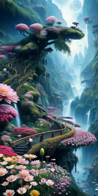 Masterpiece, High quality, Extremely detailed Cg Unity 8K wallpaper, scenery, Outdoors, lotuses, rivulets,speleothems,Moon,Night, No Man, Mountain, landscape, waterfallr, cliff, Nature, blossoms, award winning photography, hdr, full bloom, color difference ,Photorealistic,Extremely detailed, trending on artstationh, trending on CGSociety, Intricate, High detail, Dramatic, art by midjourney